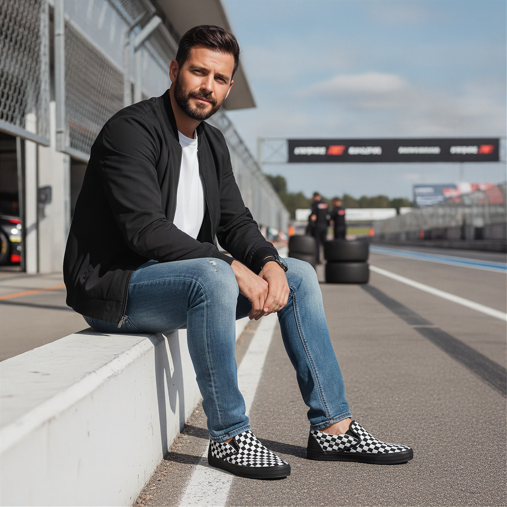 Man sitting on a race track wearing checkered slip on shoes