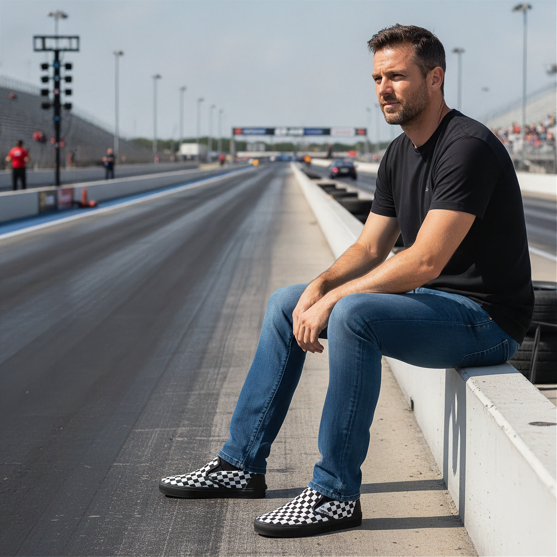 Man sitting on a race track wearing checkered shoes