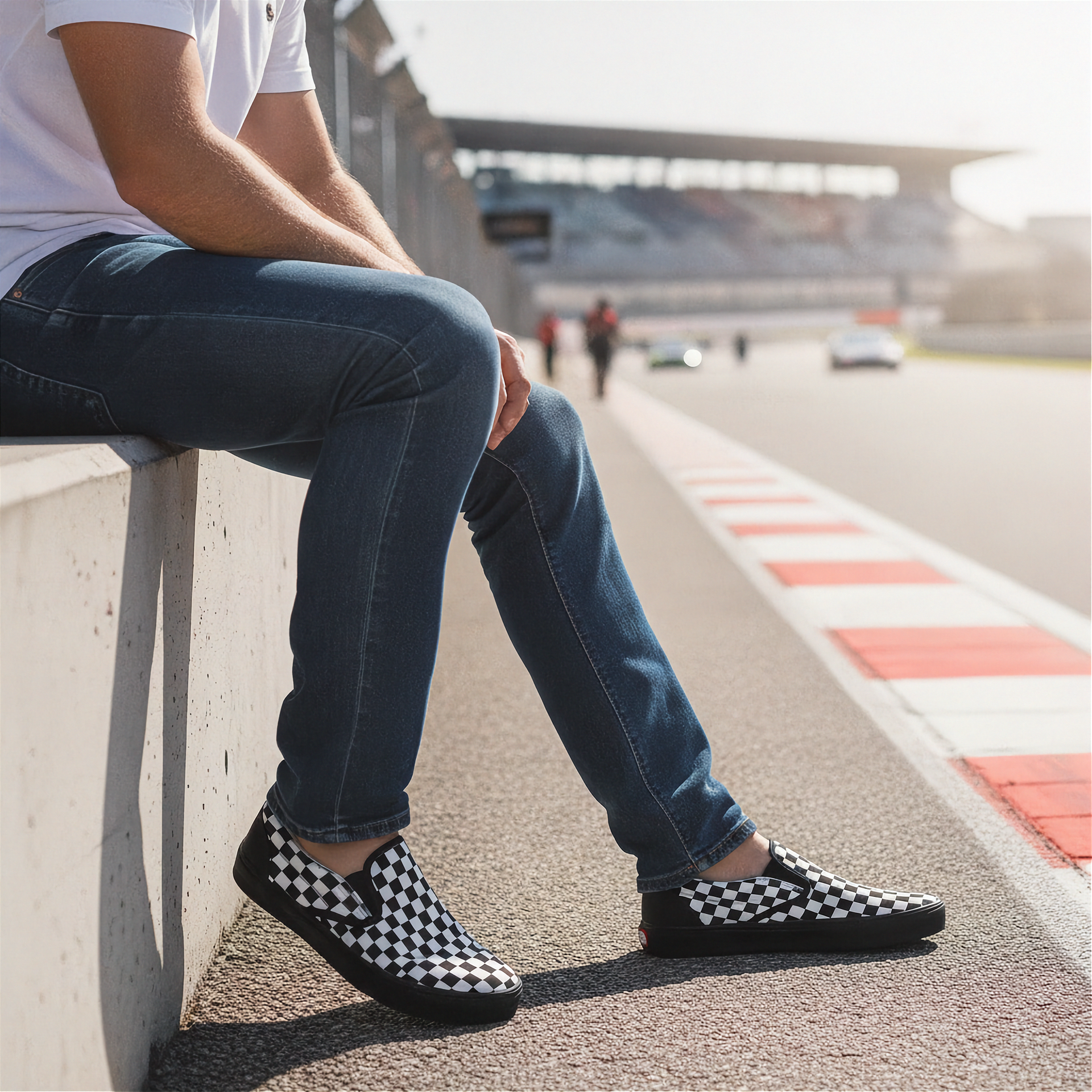 Person sitting on a barrier at a race track wearing checkered shoes.