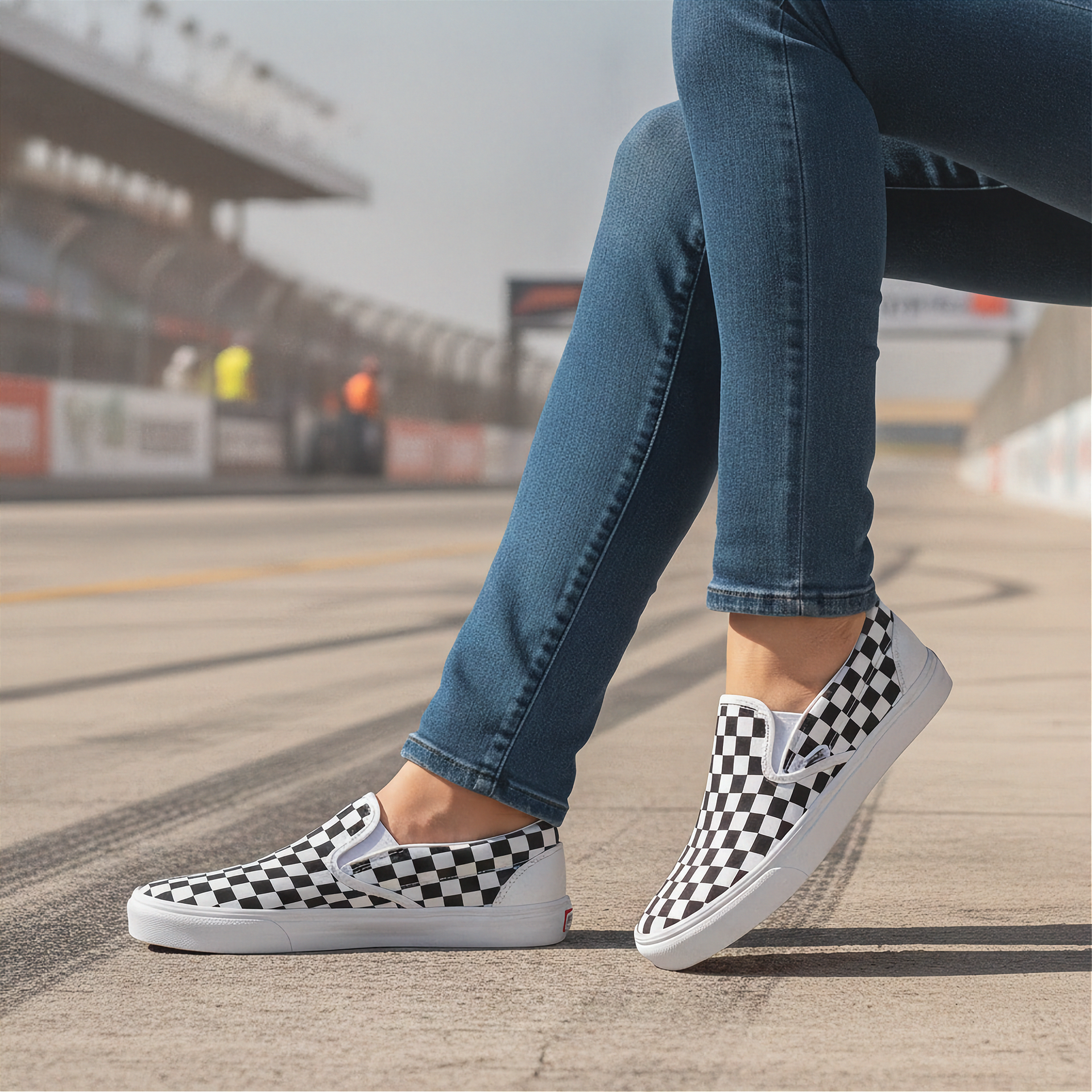 Person wearing checkered slip-on shoes and blue jeans on a race track.