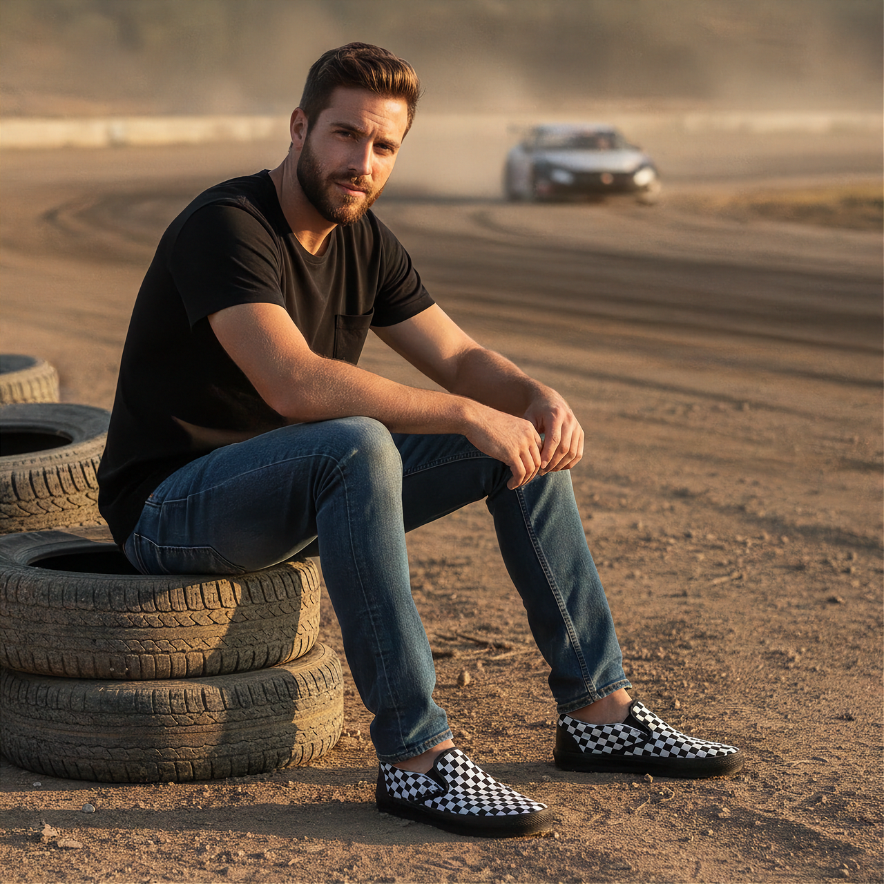 Man sitting on tires in a dirt track with a car in the background and wearing a checkered slip on shoes