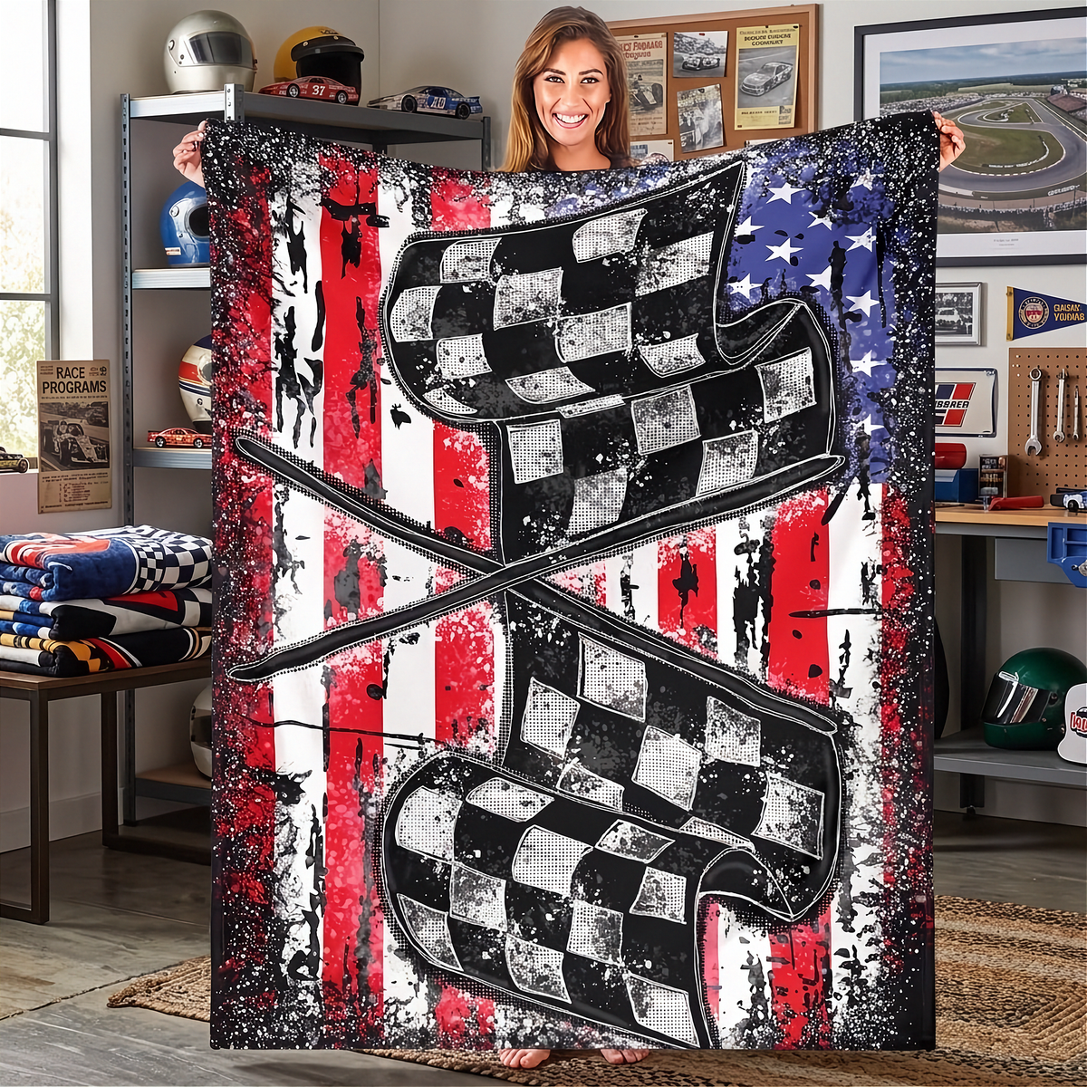 A woman holds up a large fleece blanket featuring a distressed American flag design with two crossed checkered flags in the center. The blanket is shown in a garage setting with racing memorabilia in the background.