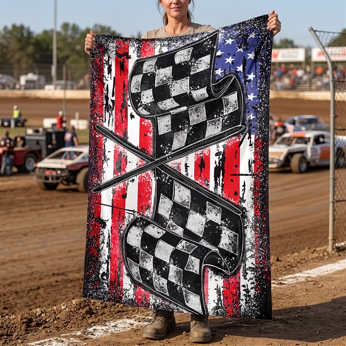 A person standing on a dirt racetrack holds up a large printed blanket or tapestry featuring a distressed American flag design with two crossed checkered flags in the center.