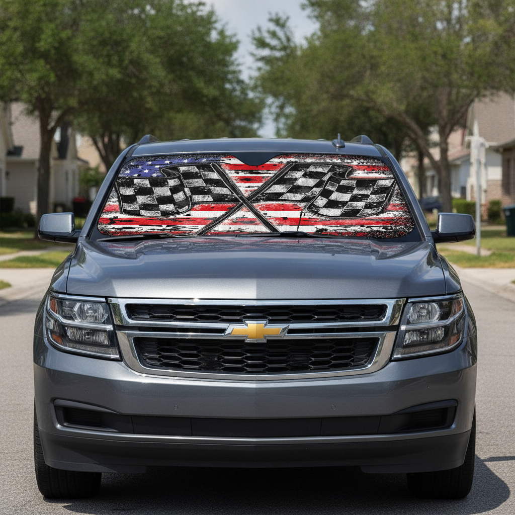 Chevrolet vehicle with a custom grille design featuring an American flag and checkered pattern.