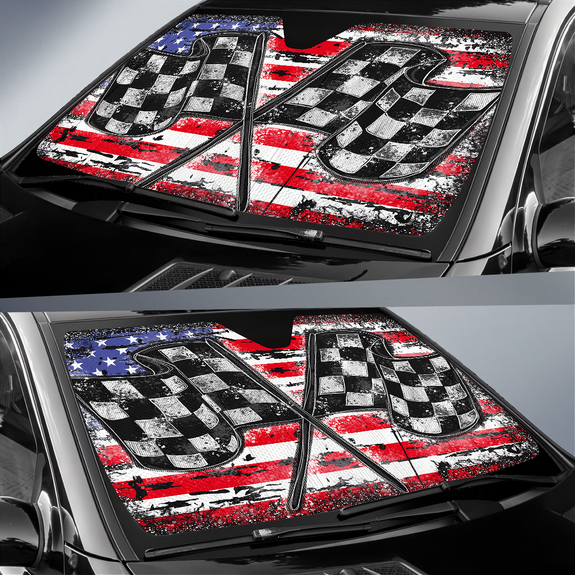 Car sunshades with American flag and checkered pattern on a vehicle.