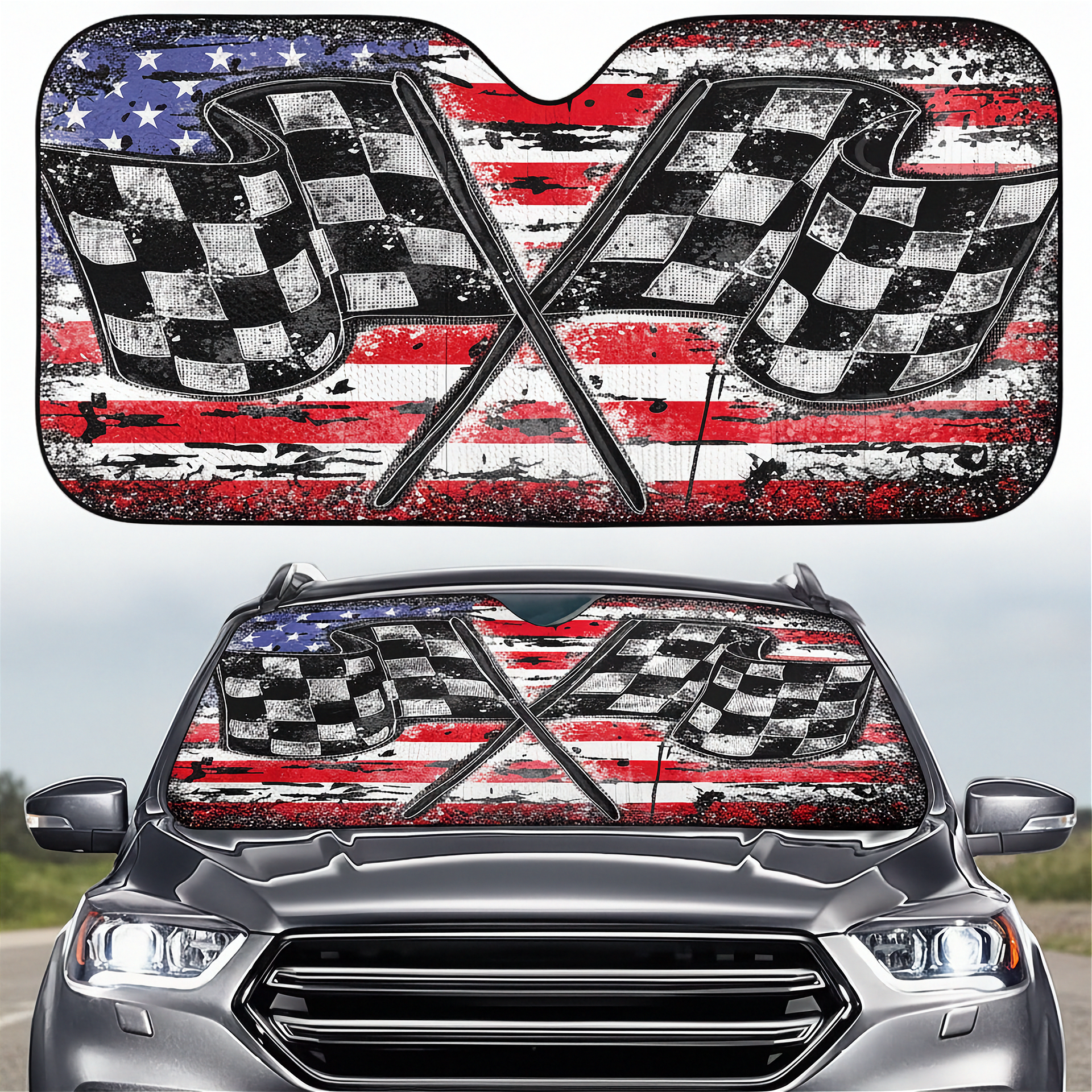Car sunshade with American flag and checkered flags design on a vehicle