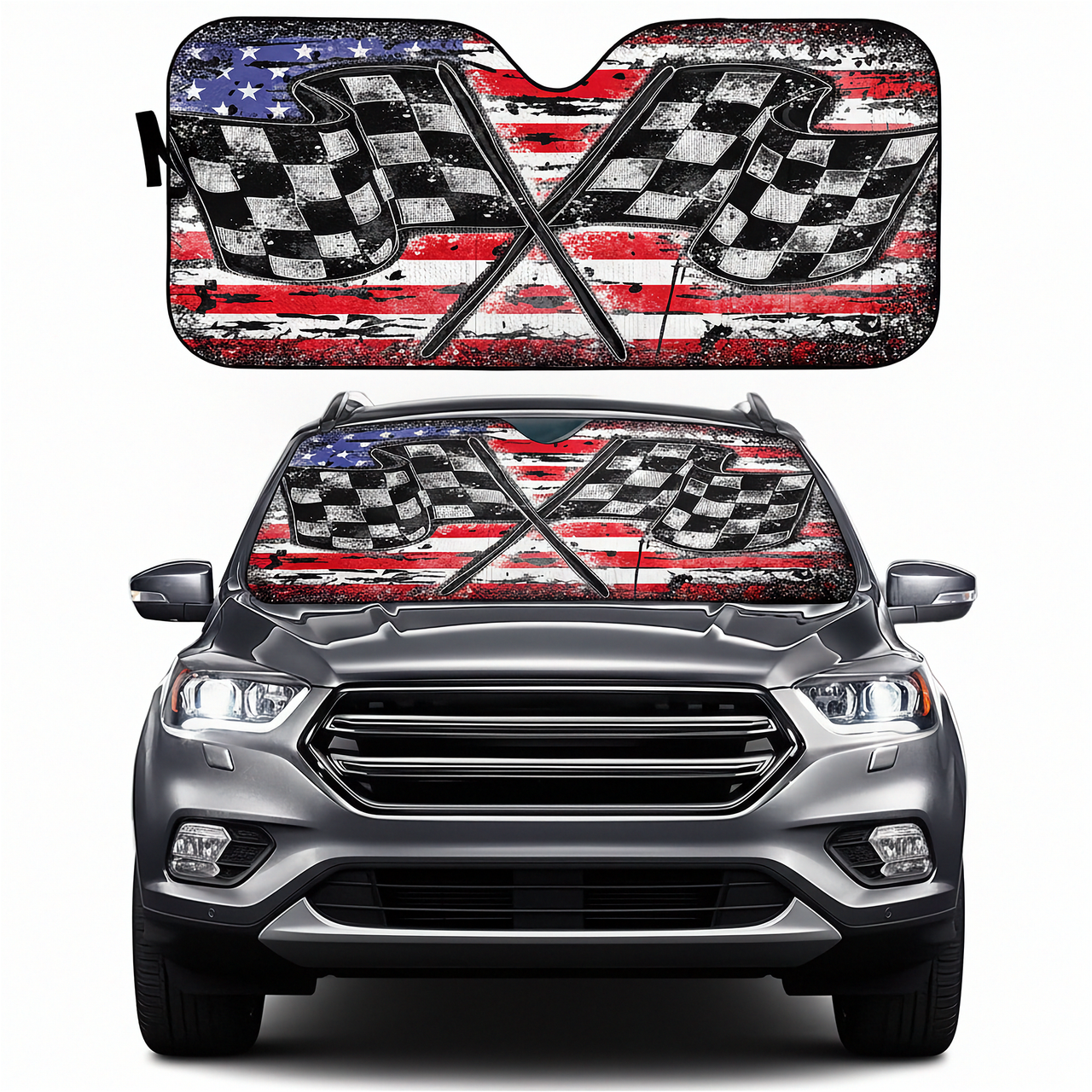 Car with American flag and checkered pattern sunshade on a white background