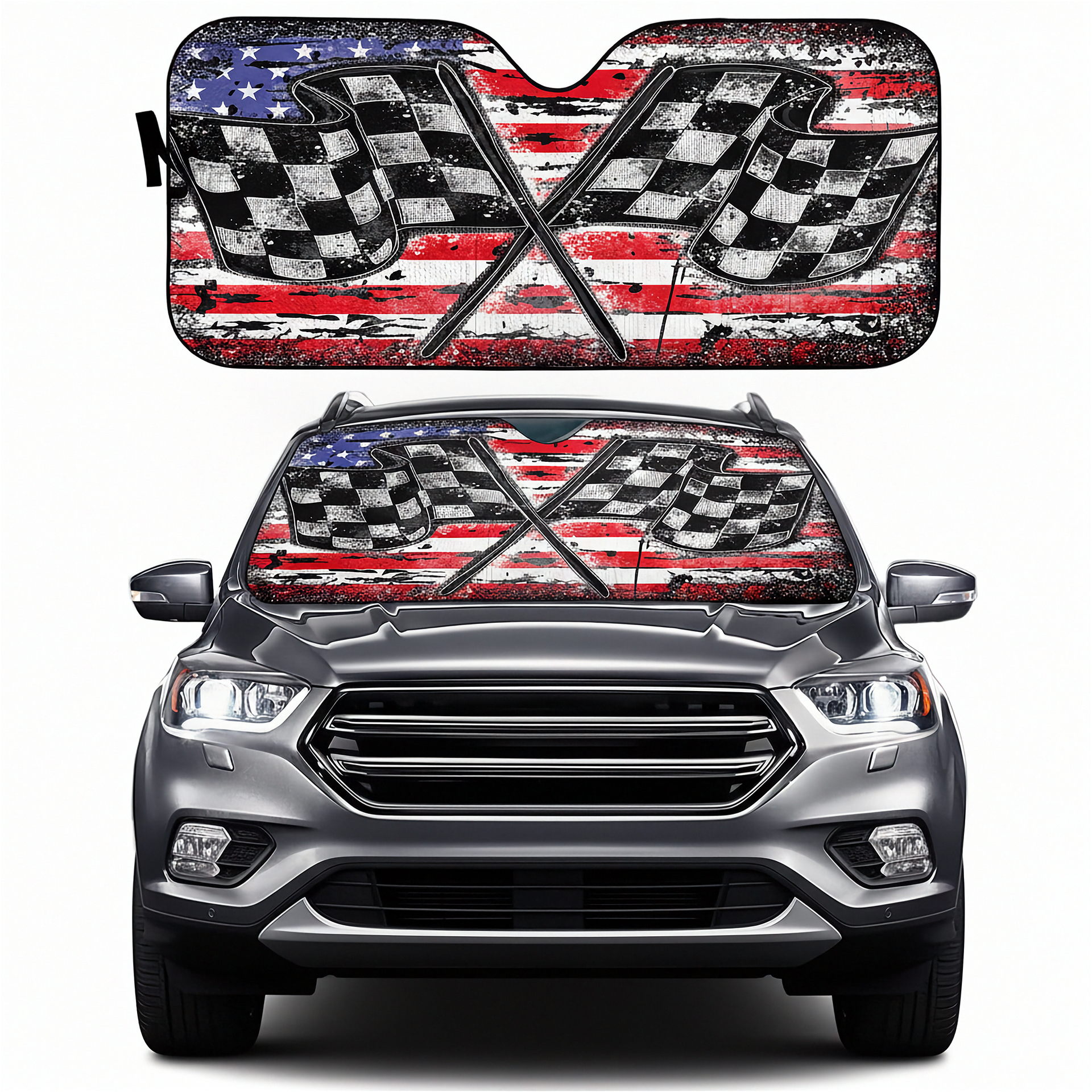 Car with American flag and checkered pattern sunshade on a white background