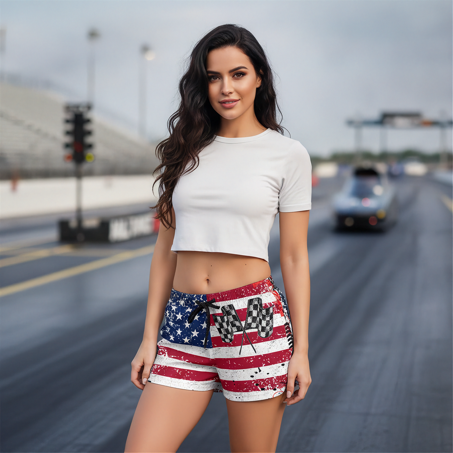 Woman wearing a white crop top and American flag shorts on a race track.