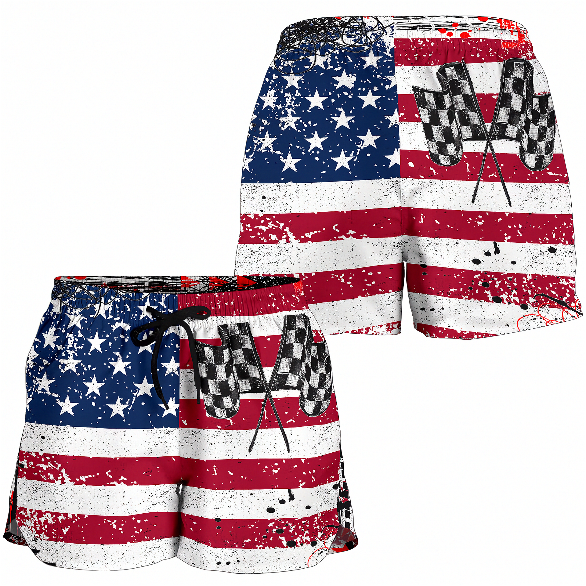 American flag-themed shorts with checkered flag design on a white background