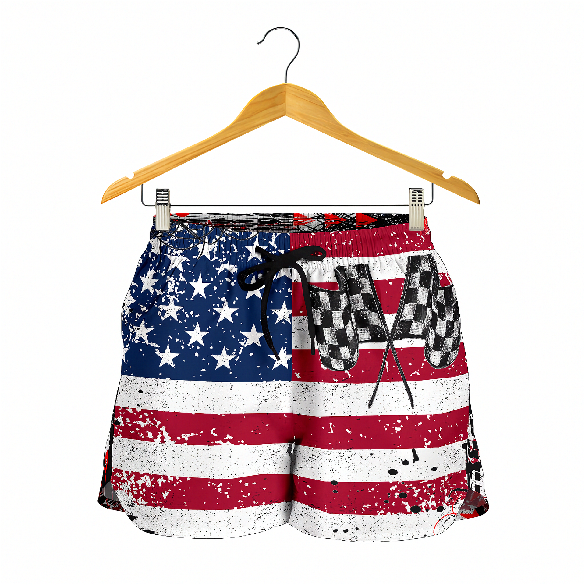 American flag patterned shorts on a hanger with a white background