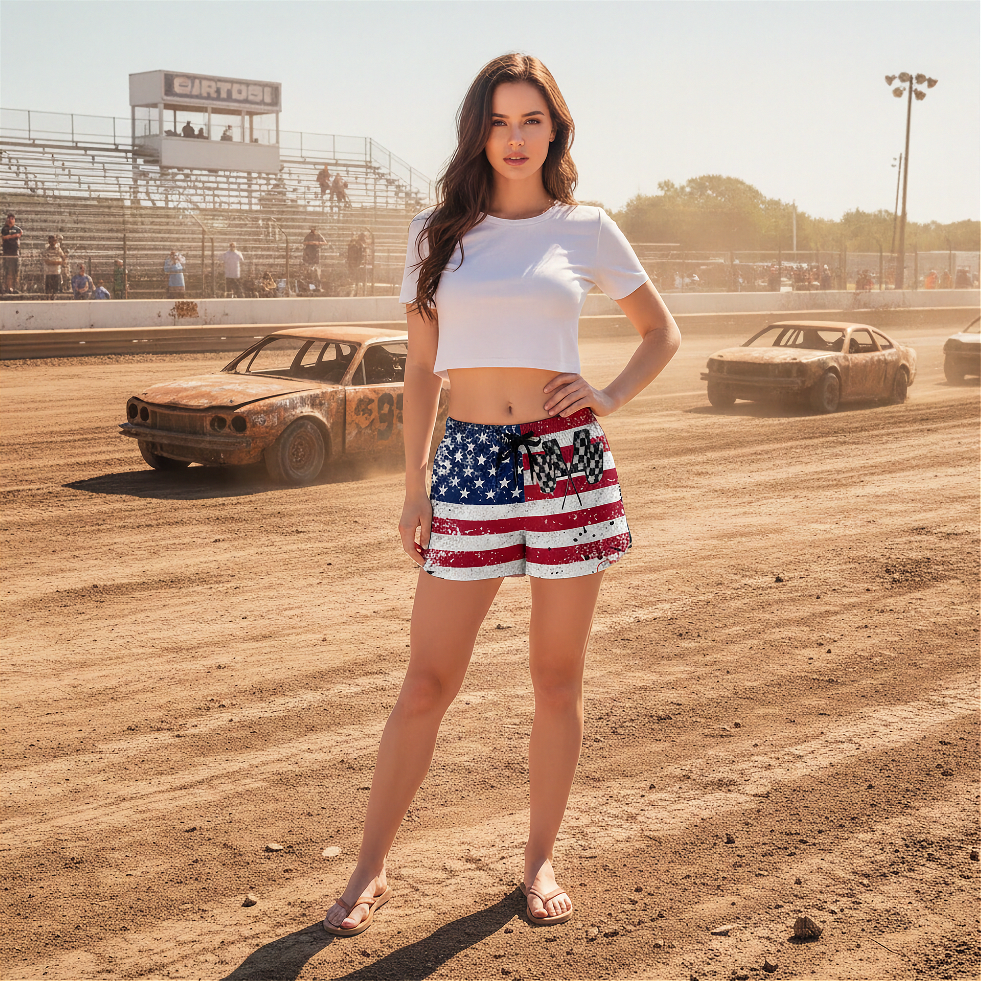 Woman in a white top and American flag skirt standing on a dirt track with vintage cars in the background.