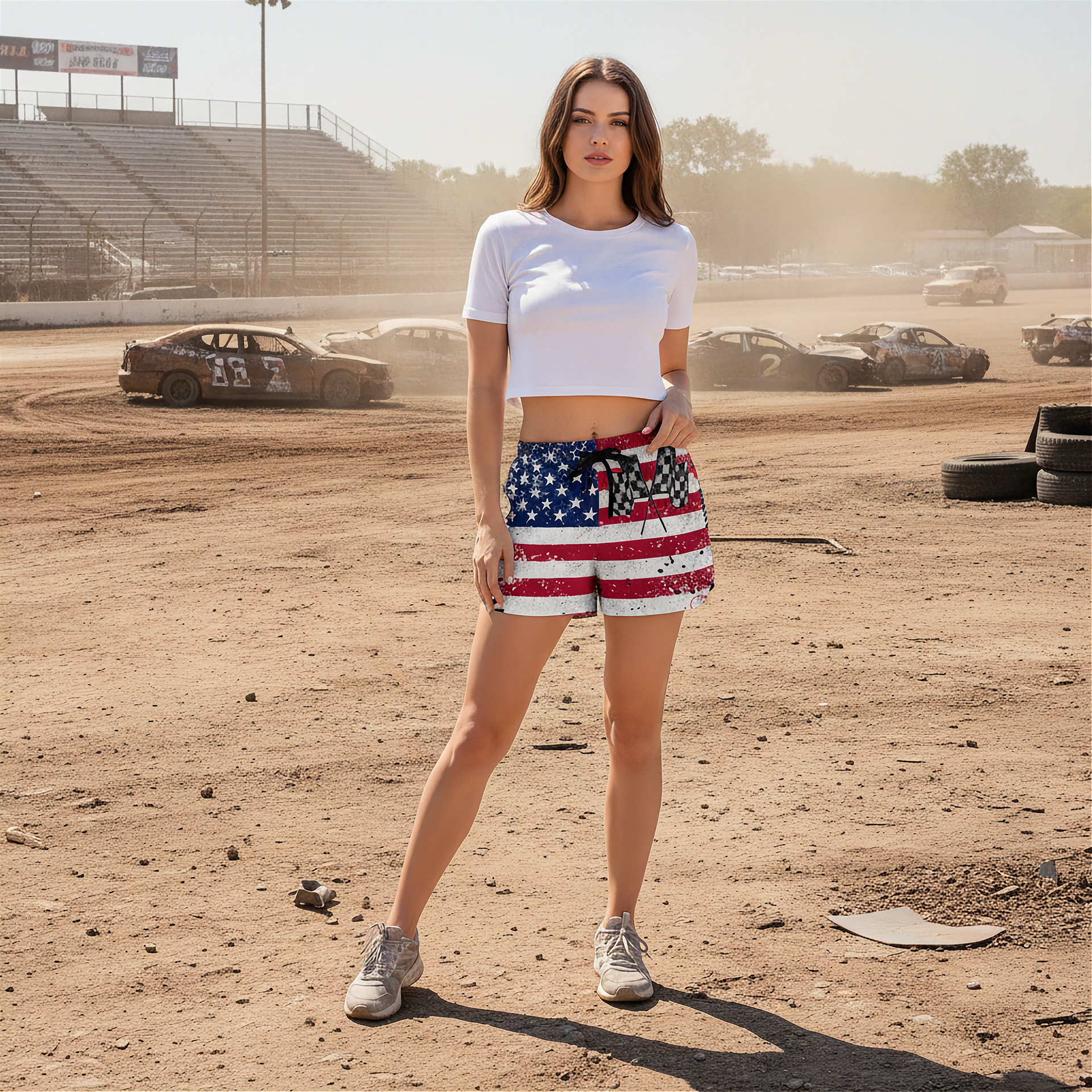 Woman in a white crop top and American flag shorts standing on a dirt track with cars in the background.