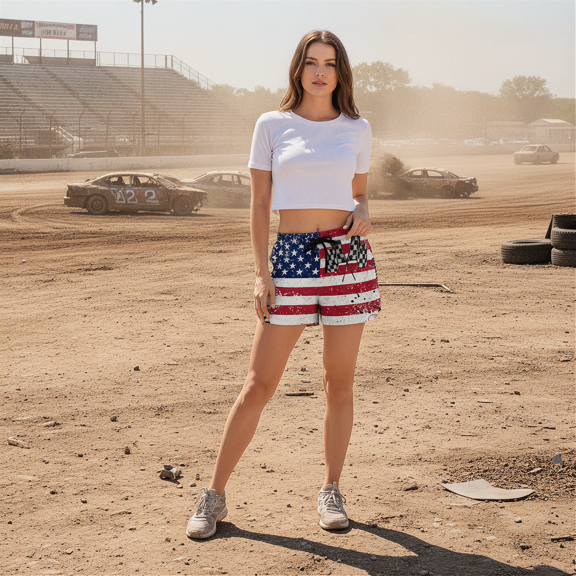 Woman in a white crop top and American flag shorts standing on a dirt track with cars in the background.