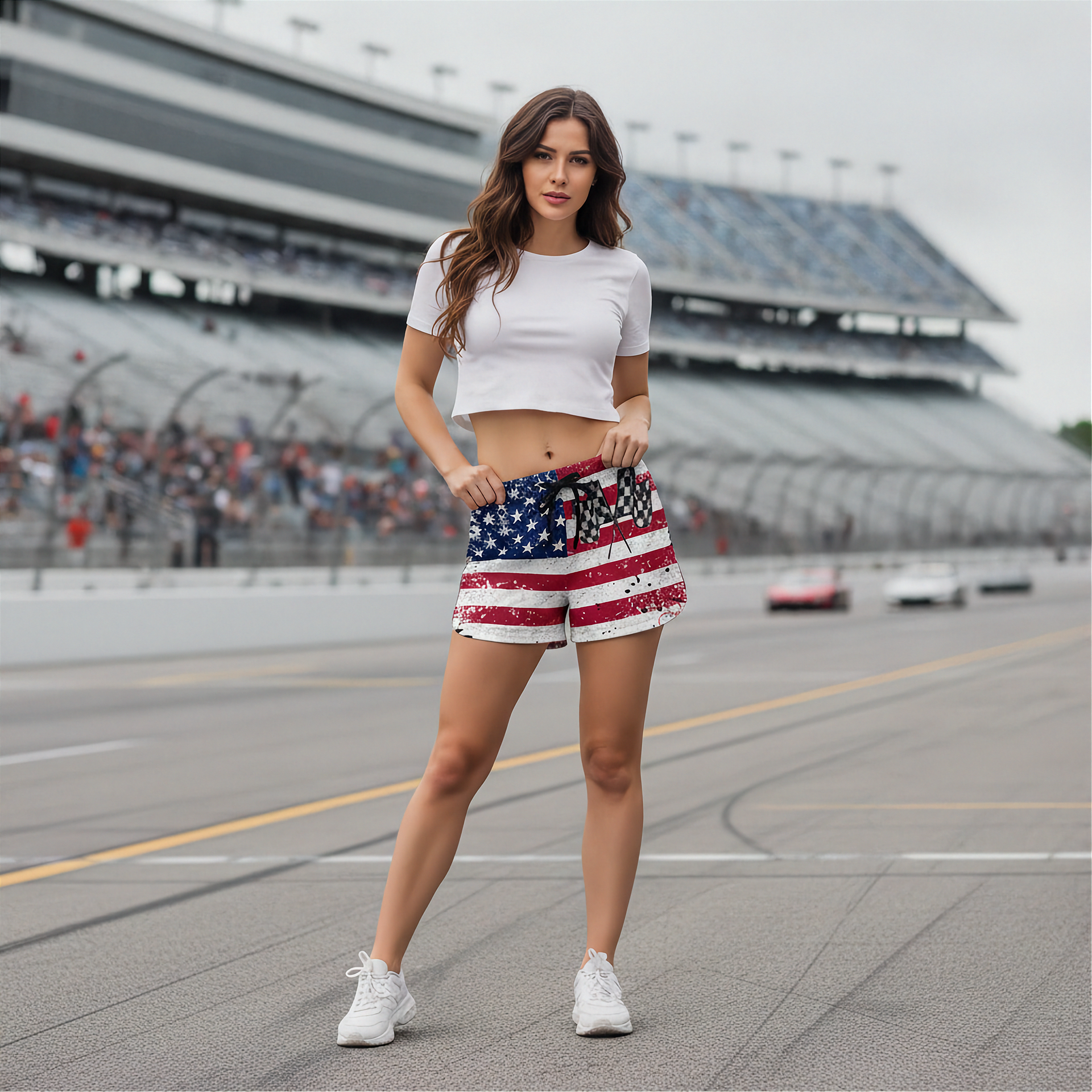 Woman wearing a white crop top and American flag shorts on a race track.