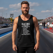 Man wearing a black tank top with 'Racing Dad' text on a race track background
