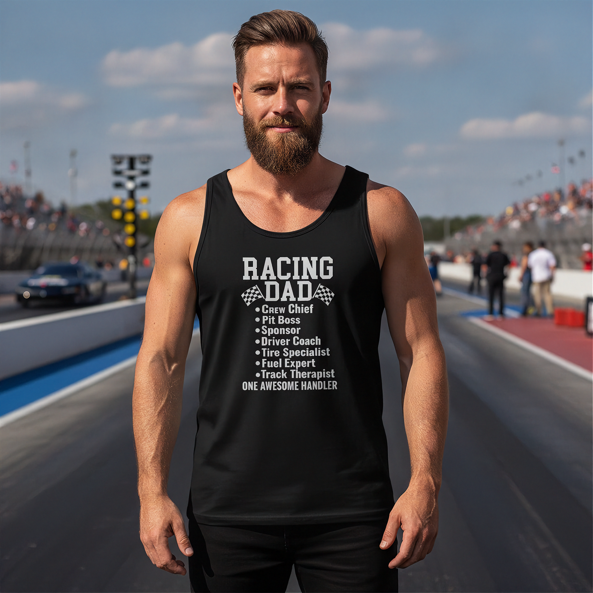 Man wearing a black tank top with 'Racing Dad' text on a race track background