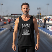Man wearing a black tank top with racing dad at a race track