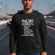 Man wearing a black sweatshirt with 'Racing Dad' text on a race track background