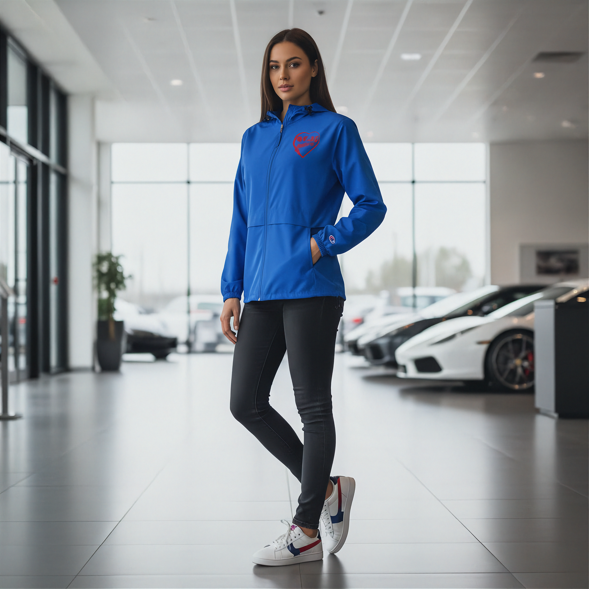 Woman wearing a blue jacket in a car showroom