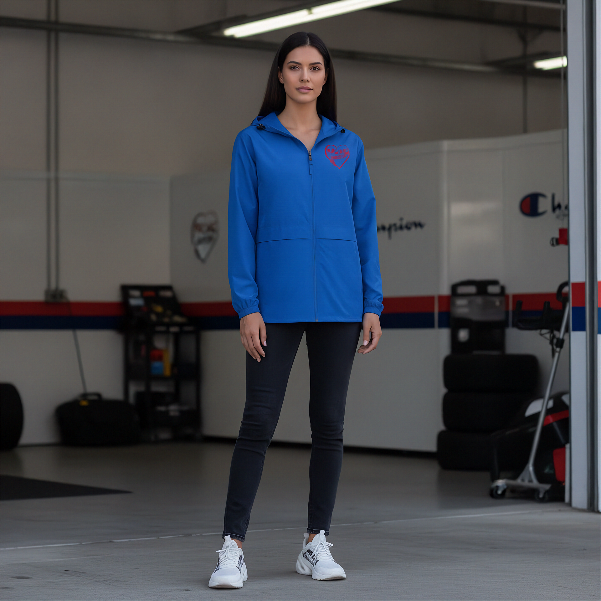 Woman wearing a blue jacket with a red racing daughter heart design in a garage setting