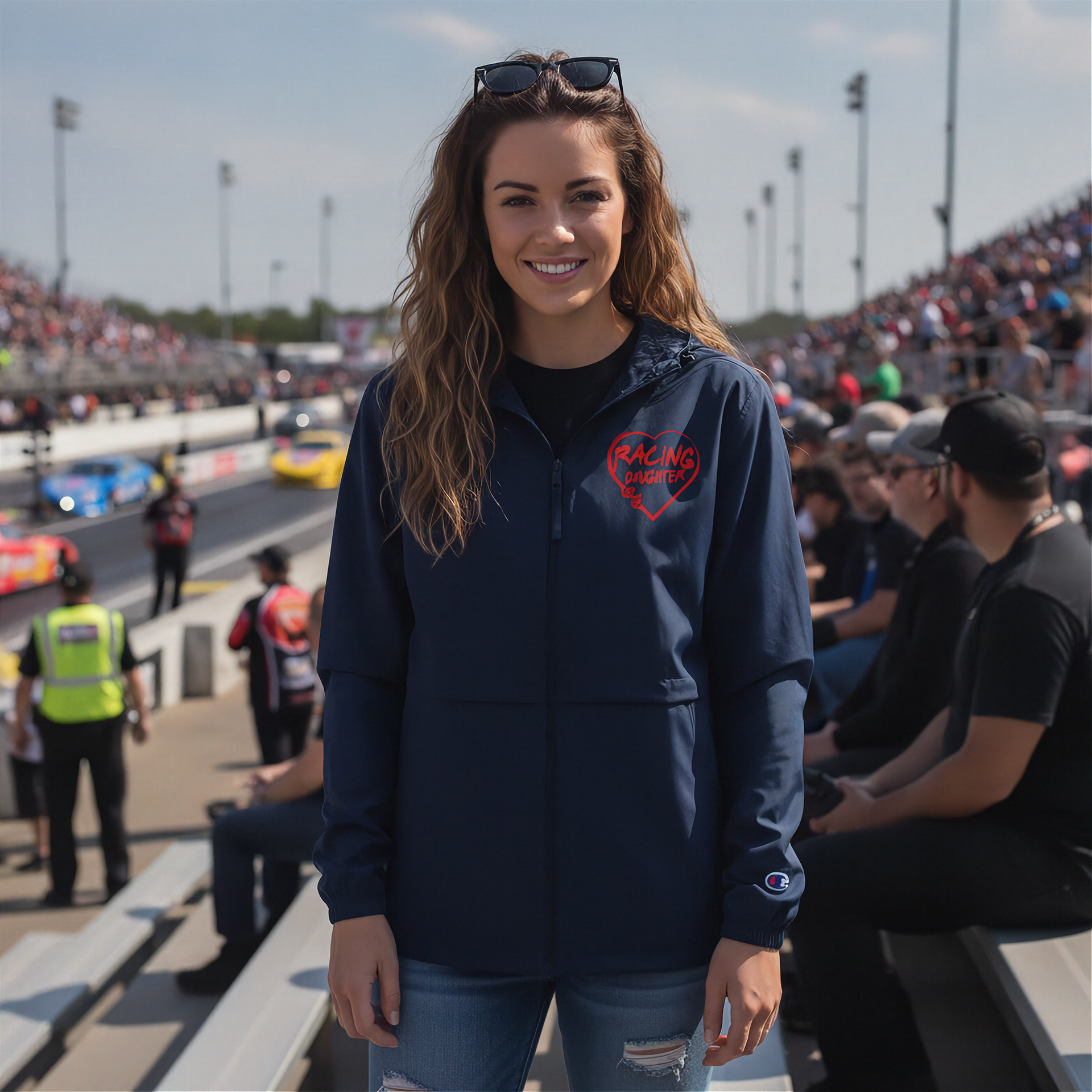 Woman wearing a navy hoodie with a red racing daughter heart design at a race track event