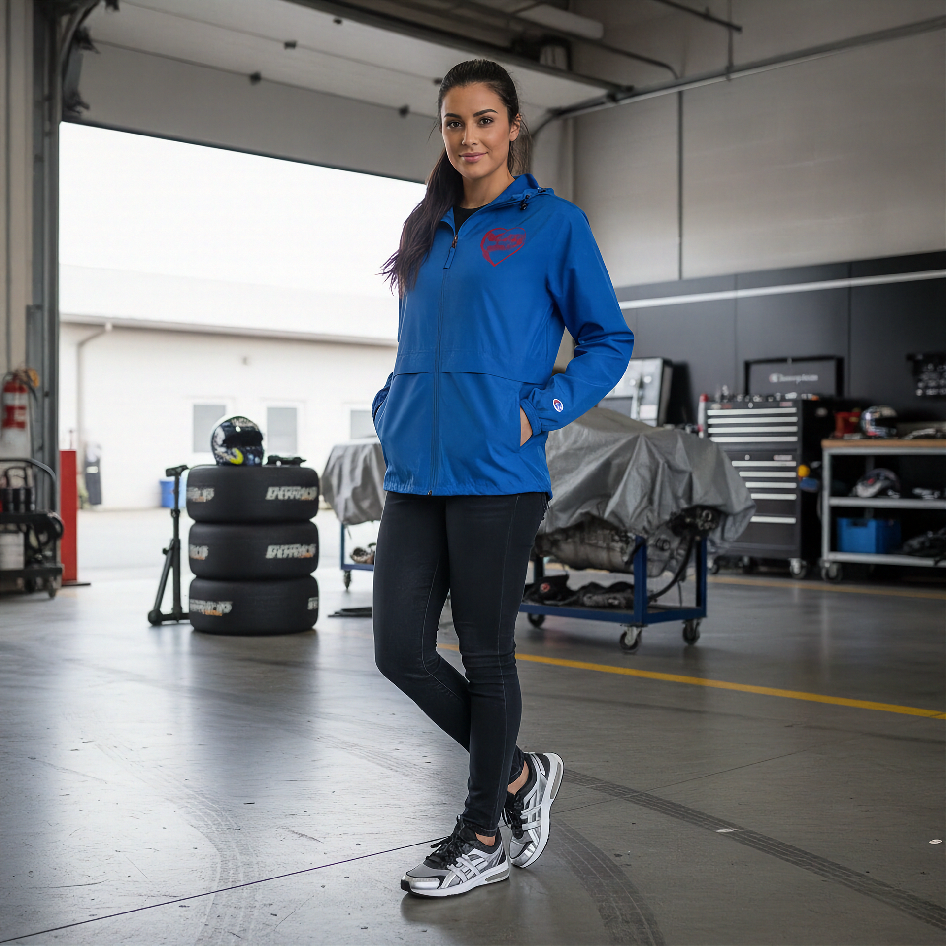 Woman in a blue jacket with a red racing daughter heart design standing in a garage with tires and tools in the background