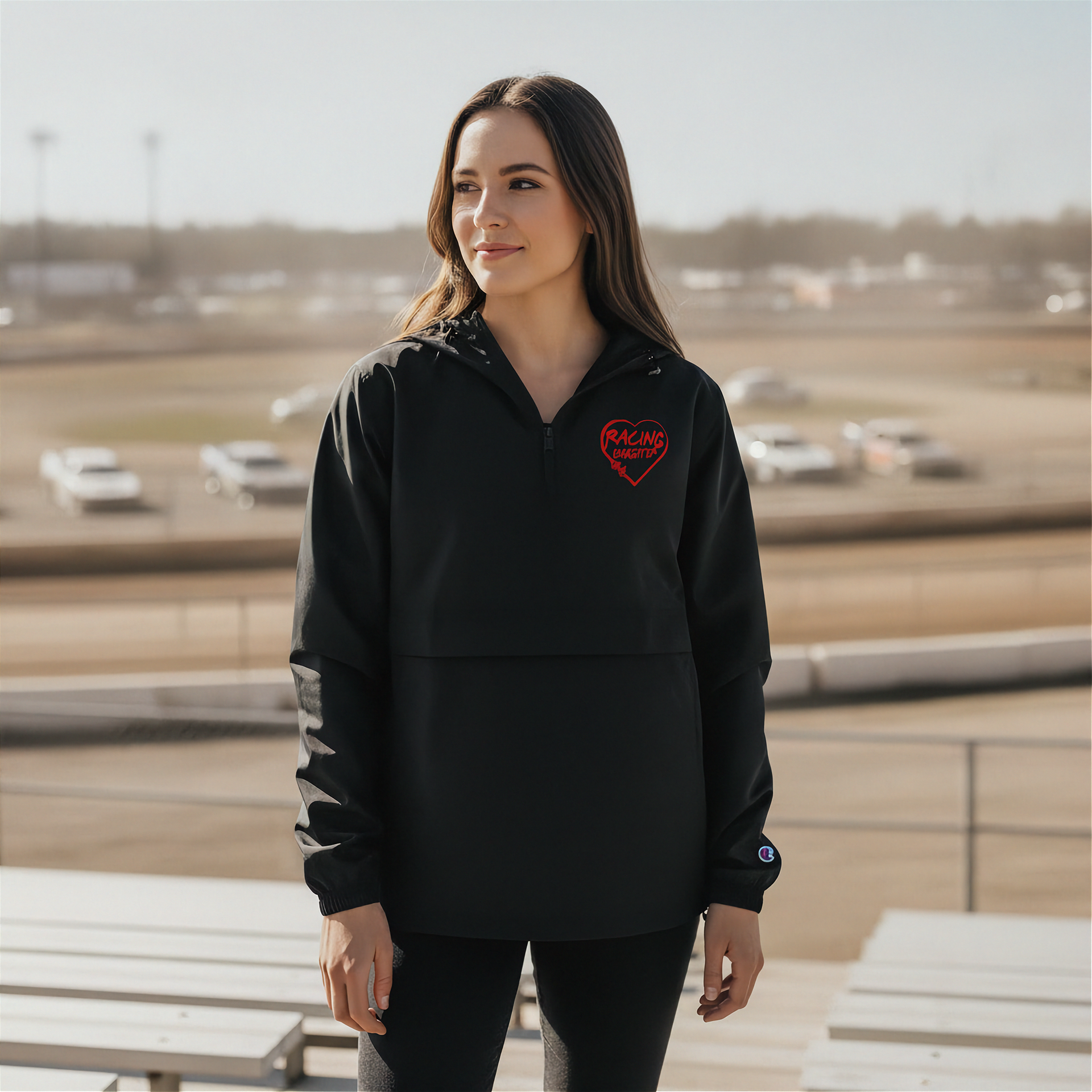 Woman wearing a black hoodie with a red racing daughter heart design at an outdoor location
