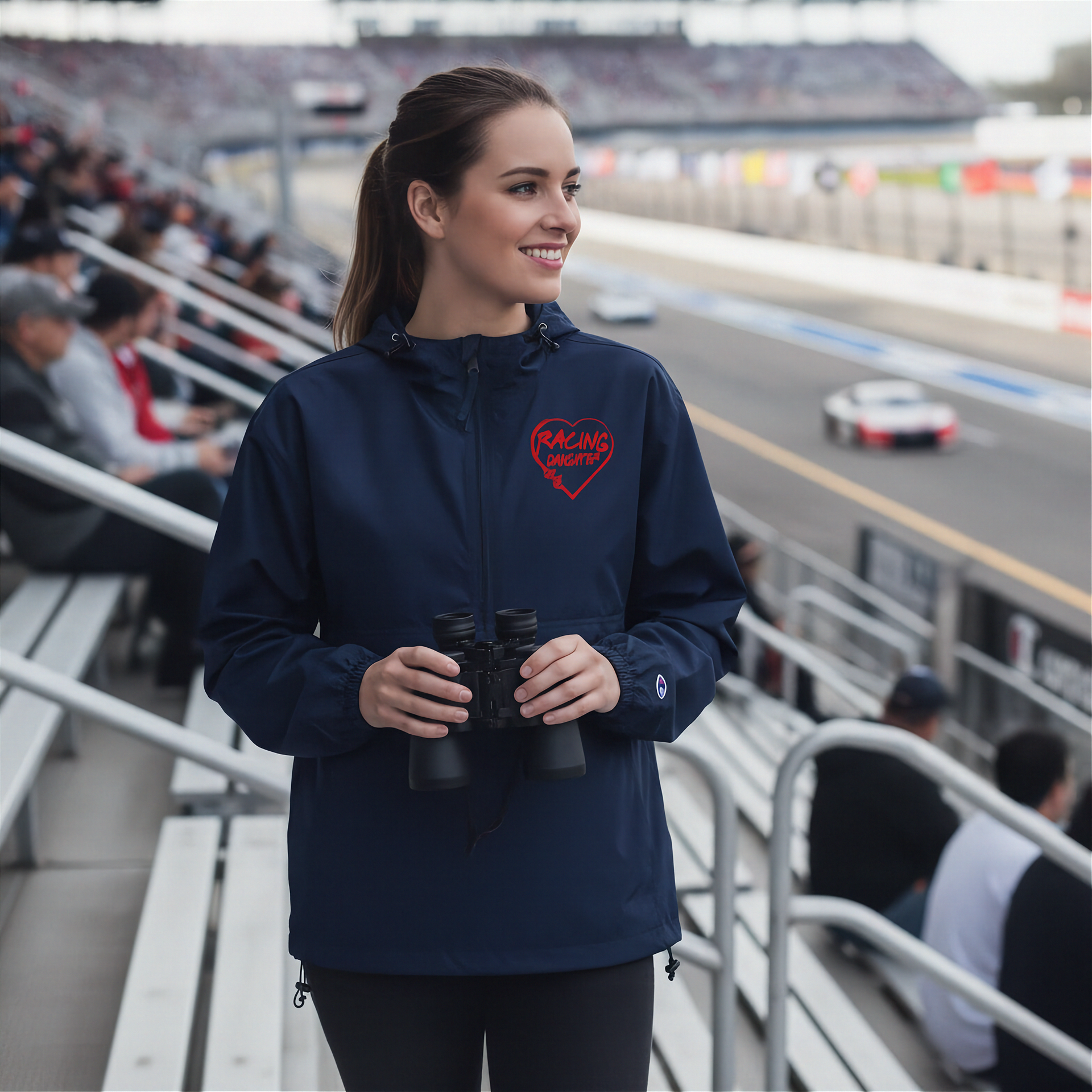 Woman in a navy blue jacket with a heart logo at a race track.
