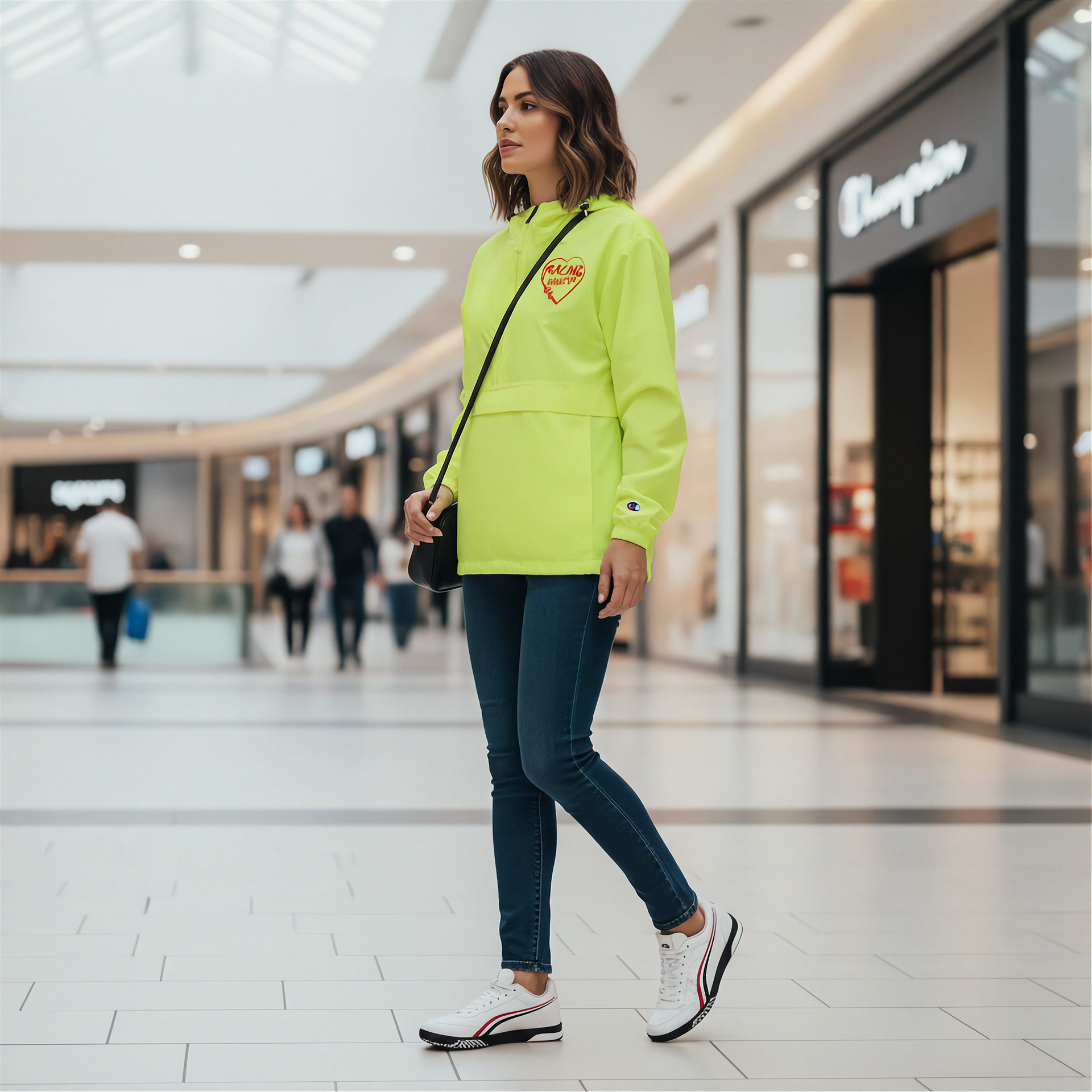 Woman in a bright green hoodie with a red racing daughter heart design walking in a shopping mall.