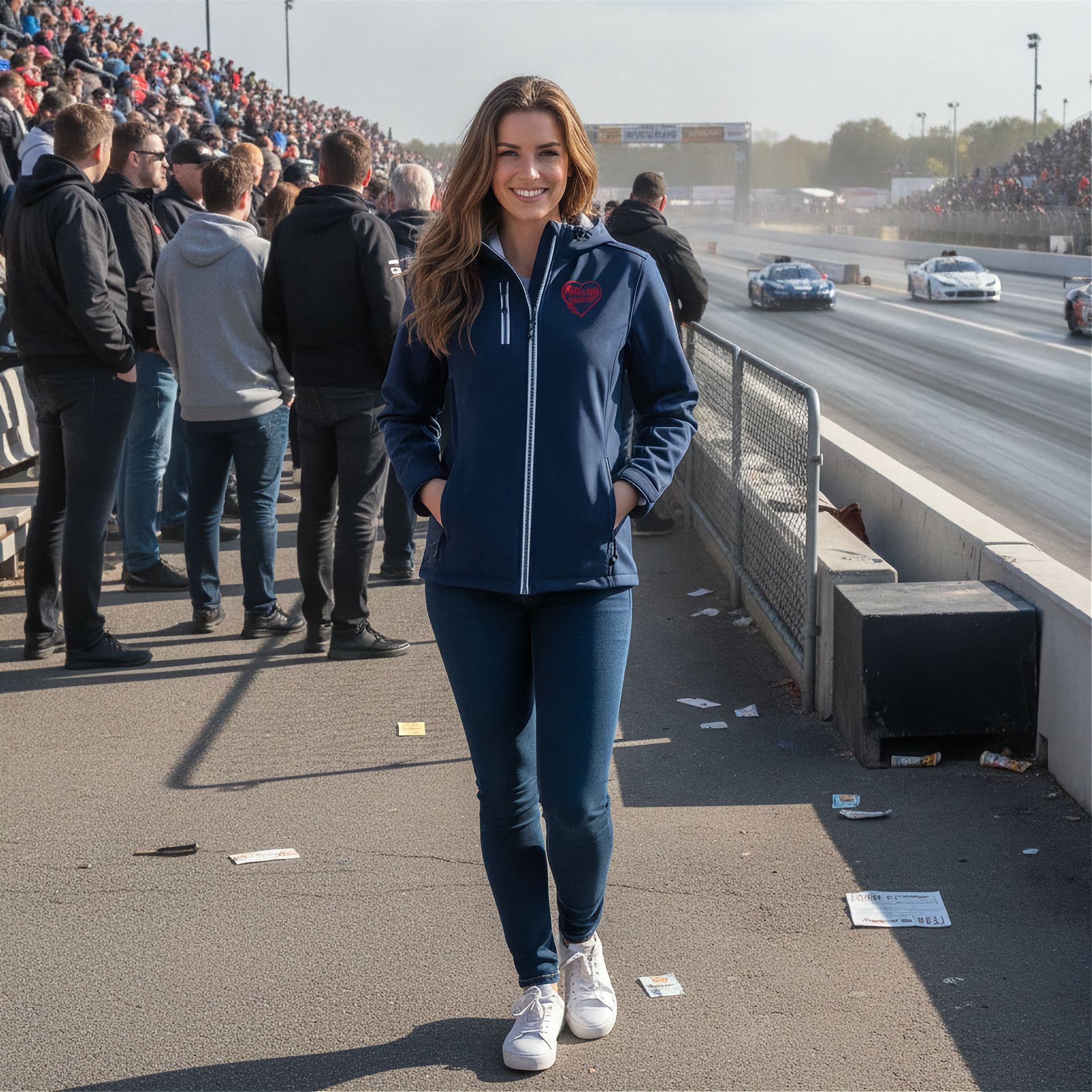 Woman standing on a race track with cars in the background and wearing a jacket with a red racing daughter heart design