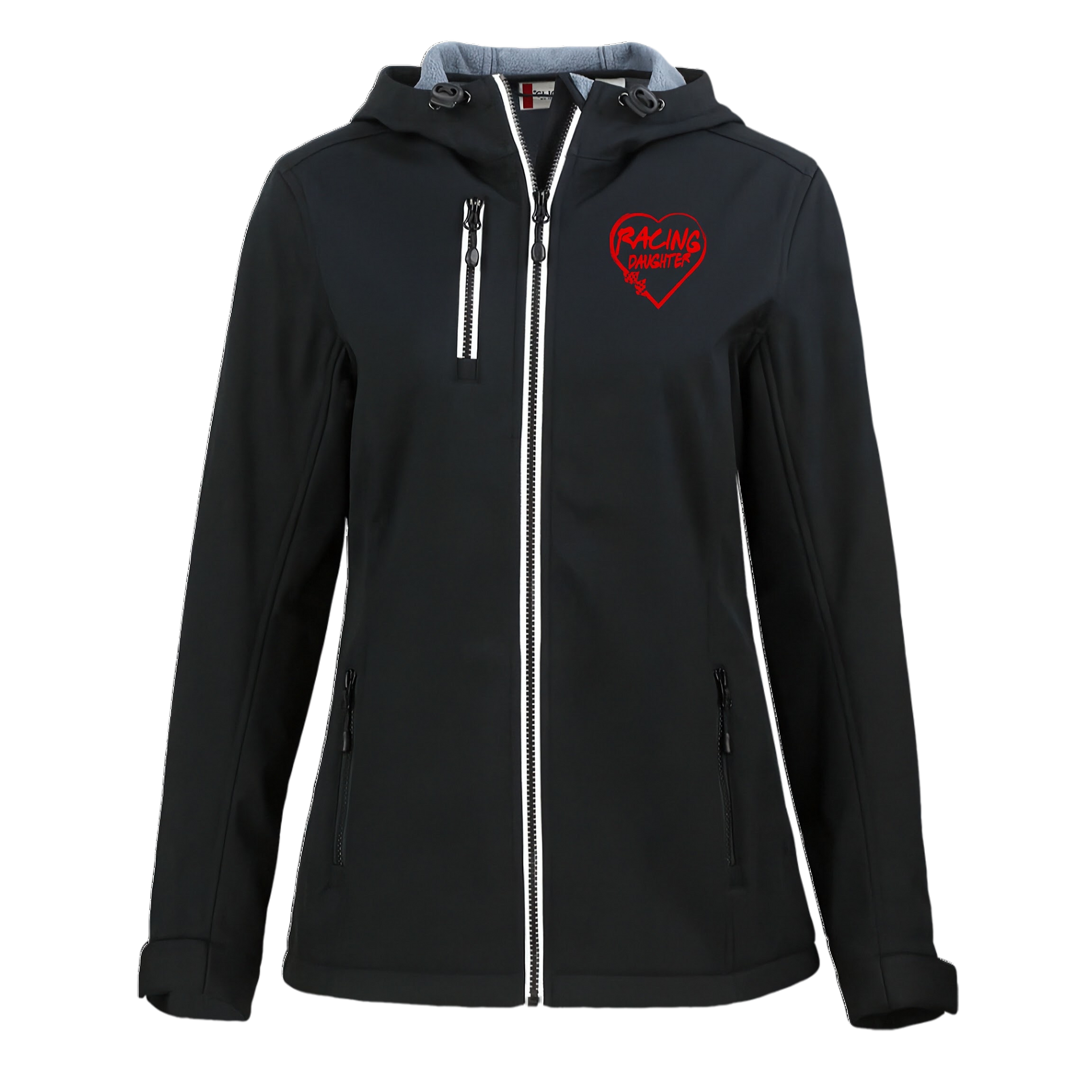 Black jacket with a red racing daughter heart design on a white background