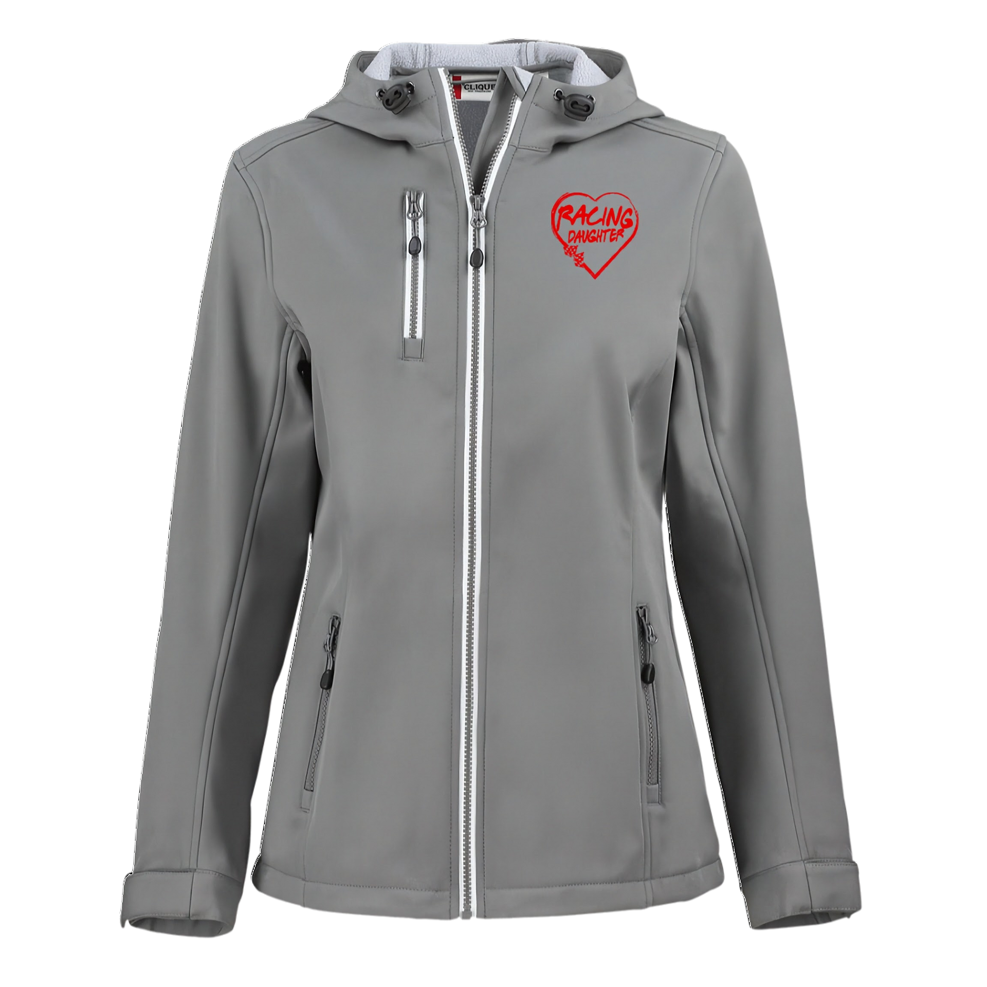 Gray jacket with a red heart design on a white background