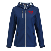 Blue jacket with a red logo on a white background