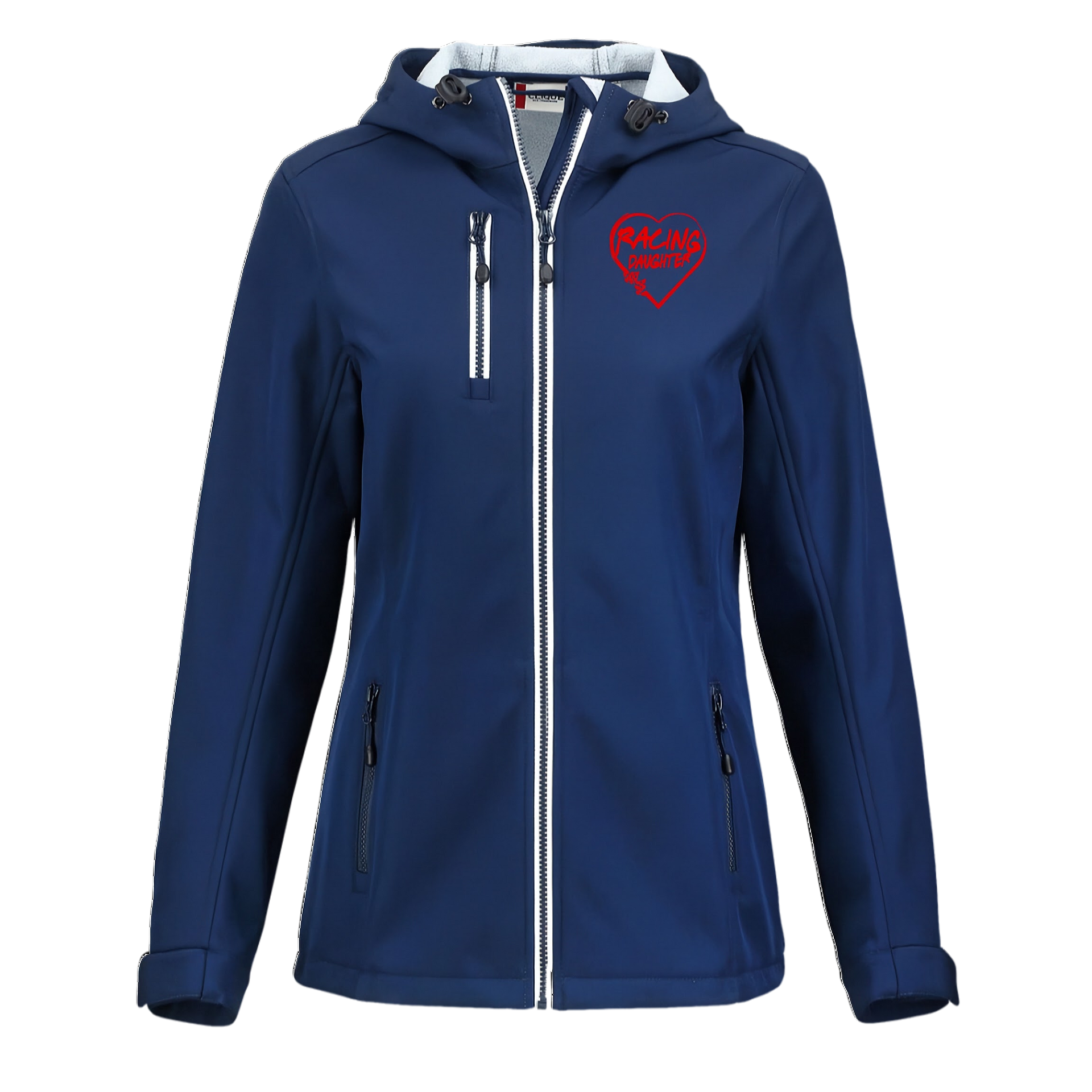 Blue jacket with a red logo on a white background