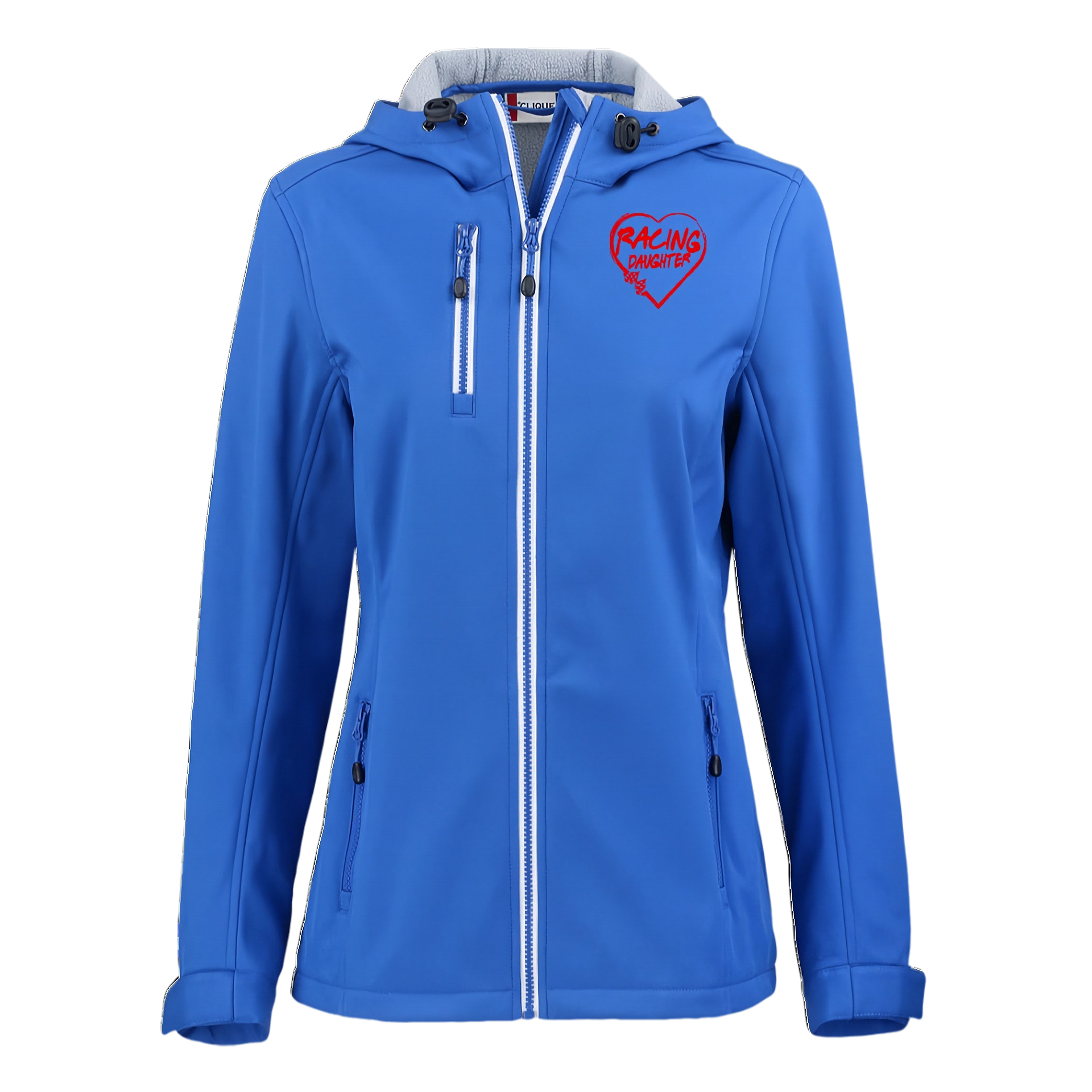 Blue jacket with a red heart logo on a white background