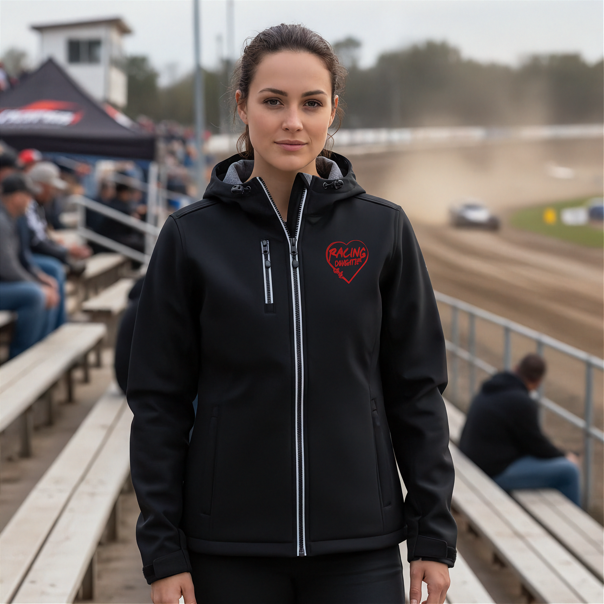Woman wearing a black jacket with a red racing daughter heart design at a race track.