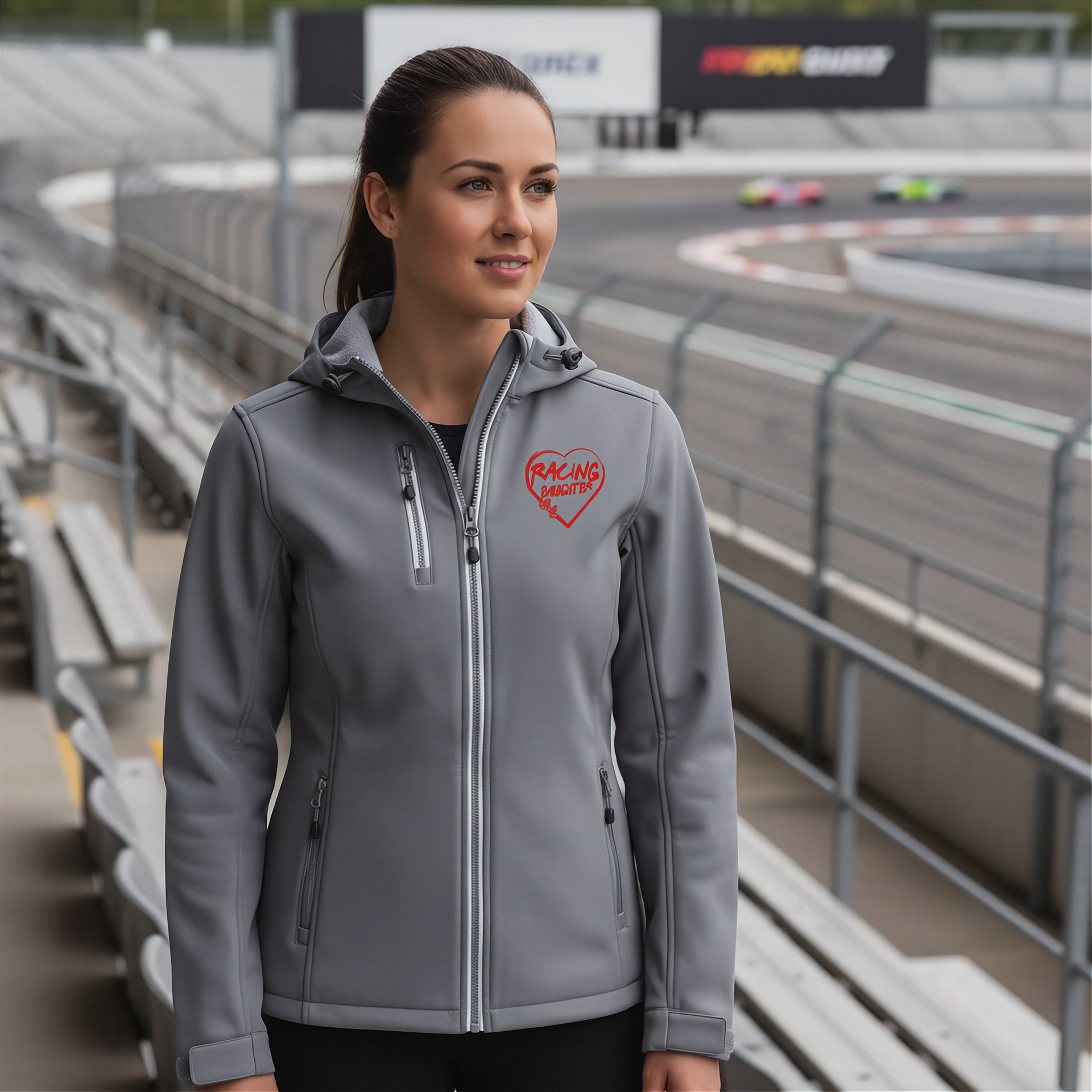 Woman wearing a gray jacket with a red racing daughter heart design at a race track