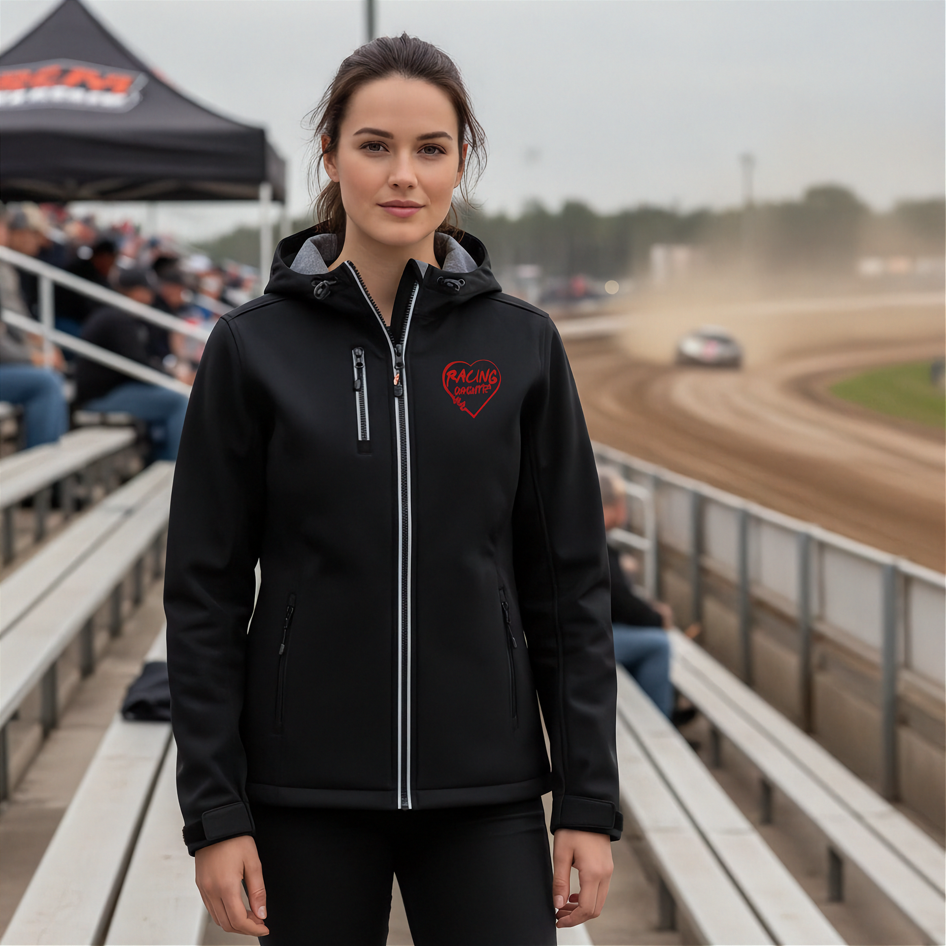 Woman wearing a black jacket with a red racing daughter heart design at a race track.