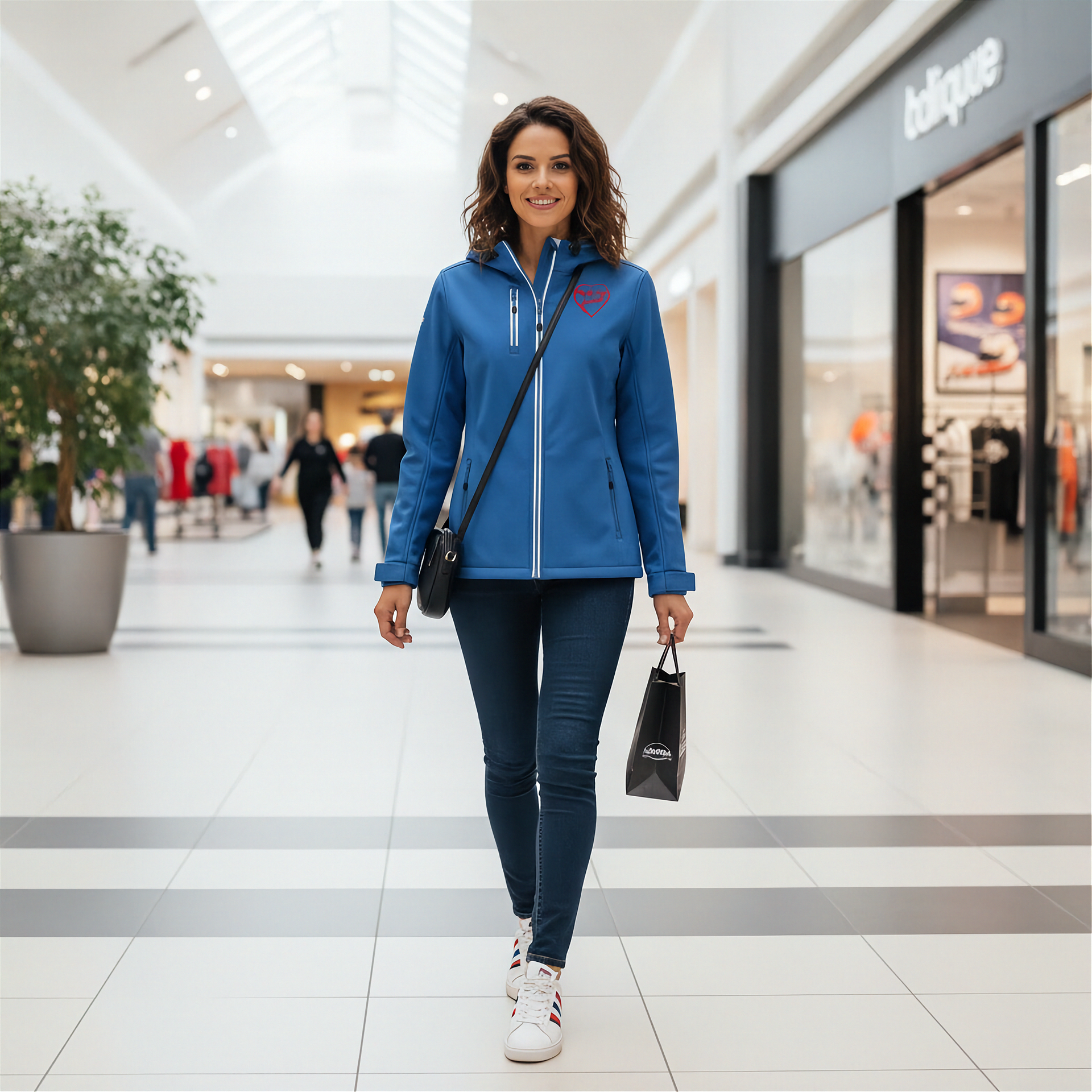 Woman in a blue jacket with a red racing daughter heart design walking through a shopping mall.