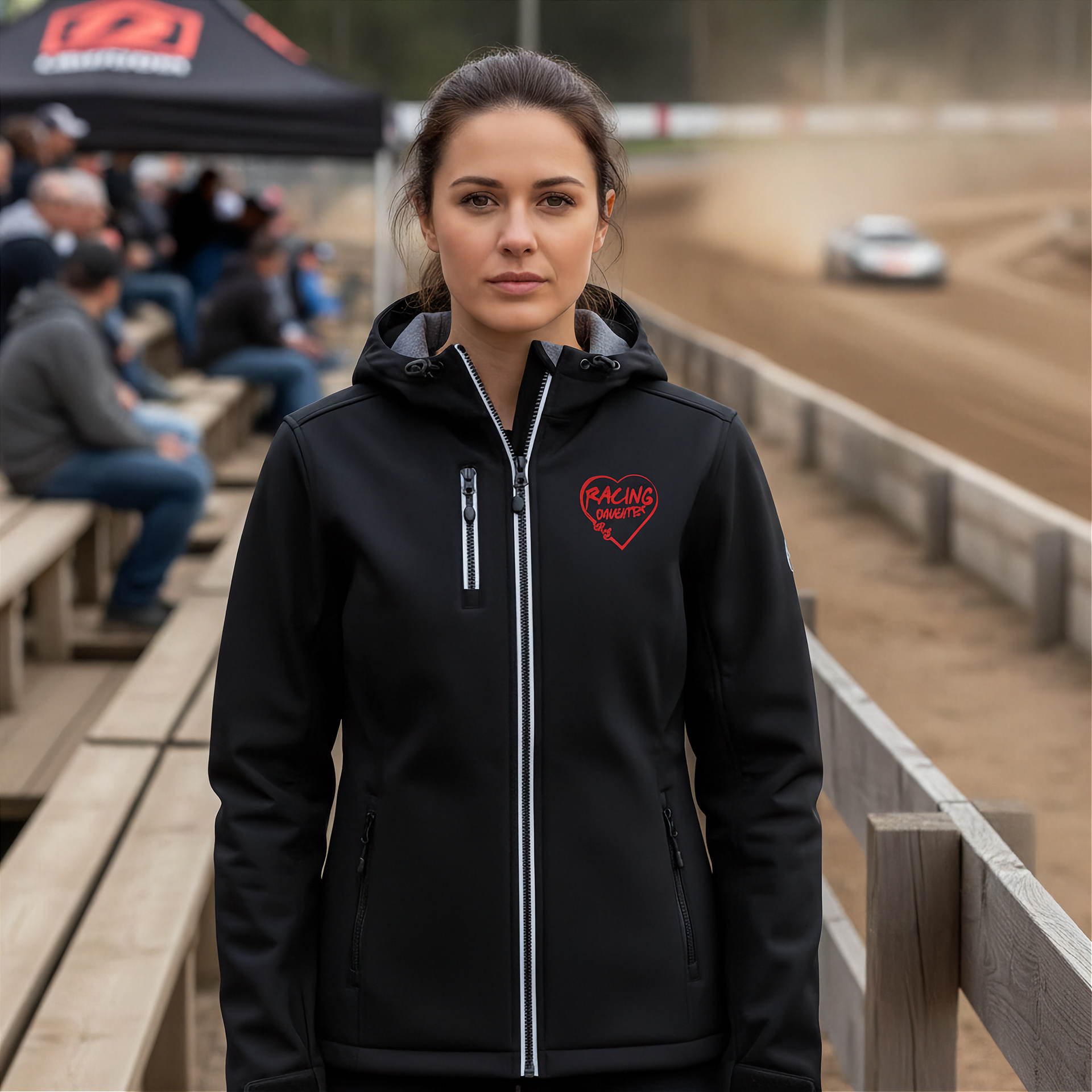 Woman wearing a black jacket with a red racing daughter heart design at a race track.