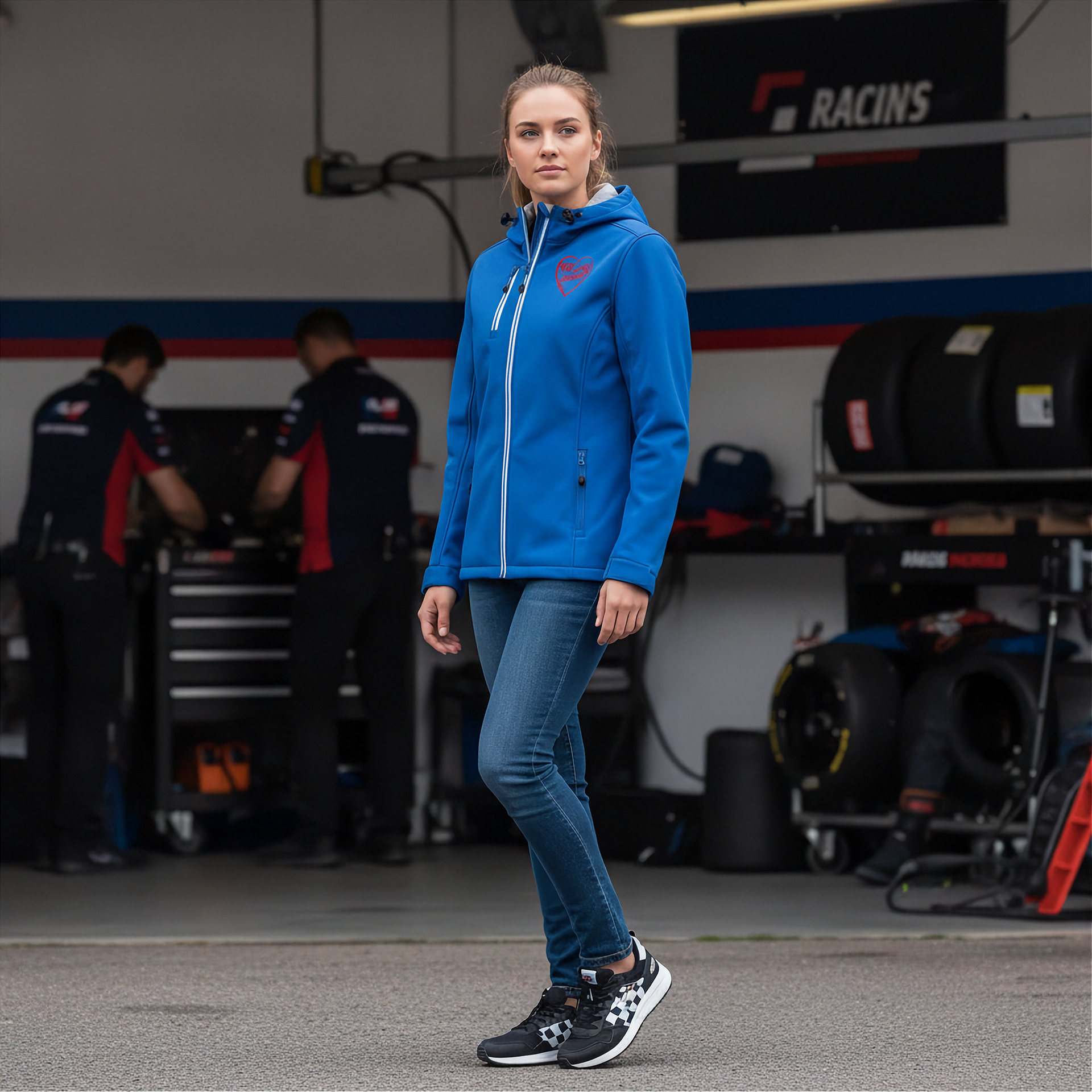 Woman in a blue jacket with a red racing daughter heart design standing in a garage with racers in the background