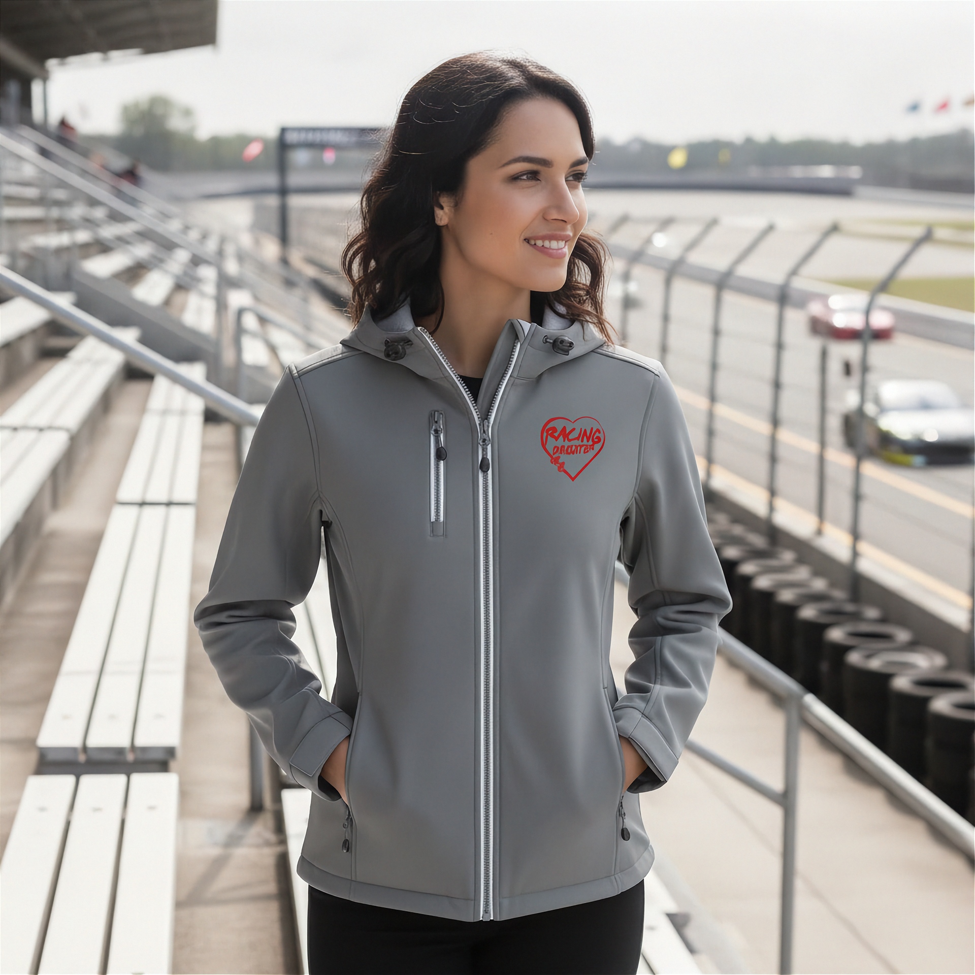 Woman wearing a gray jacket with a red racing daughter heart design at a race track