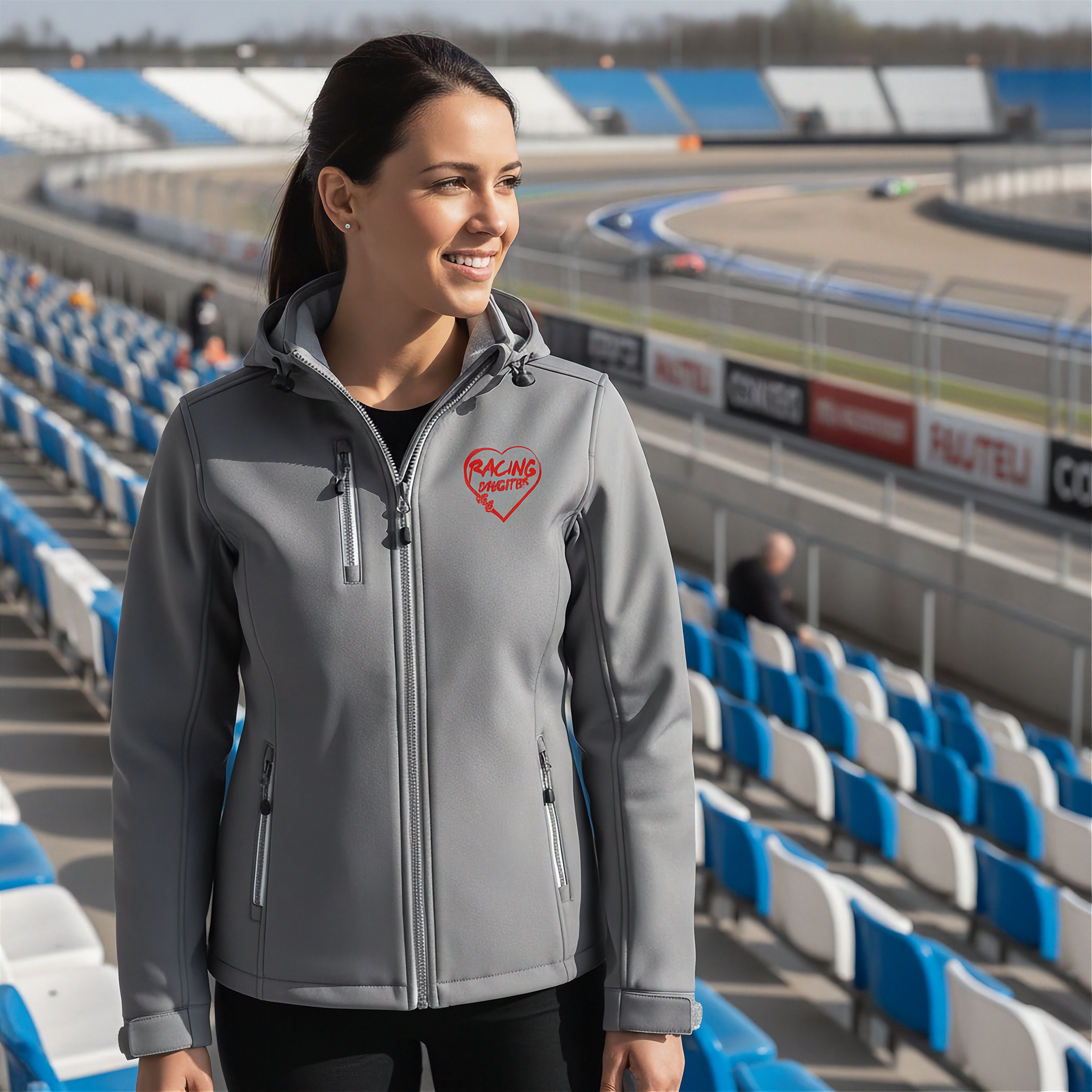 Woman wearing a gray jacket with a red racing daughter heart design at a race track.
