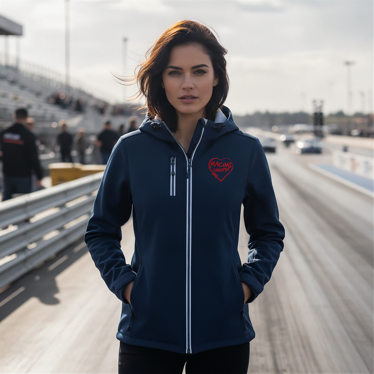 Woman wearing a navy blue hoodie with a red racing daughter heart design on a race track