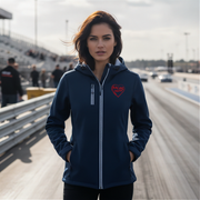 Woman wearing a navy blue hoodie with a red racing daughter heart design on a race track