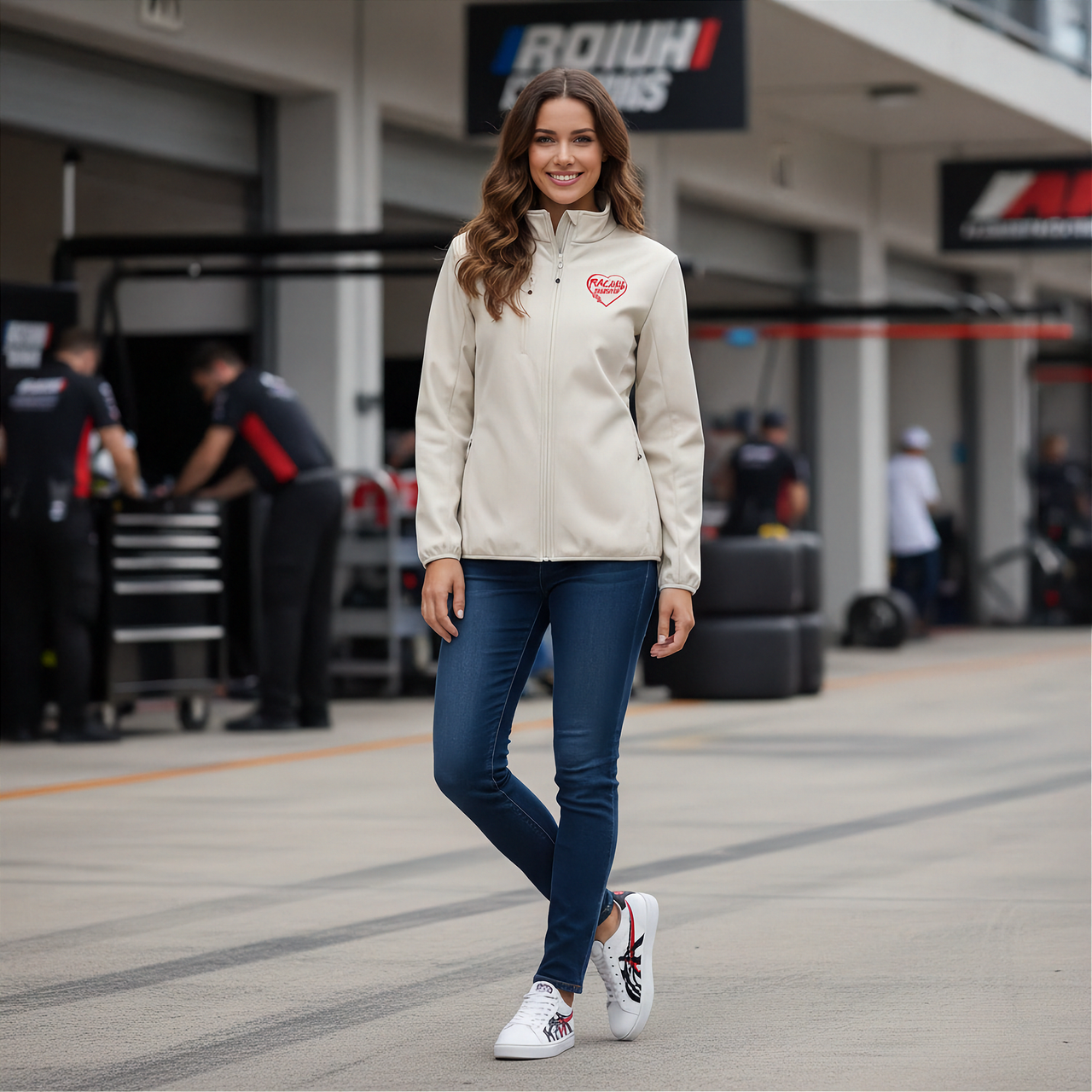 Woman in a white jacket with a red racing daughter heart design standing in a garage area with 'BRUNI' branding.