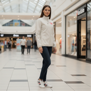 Woman in a white jacket with a red racing daughter heart design standing in a shopping mall.