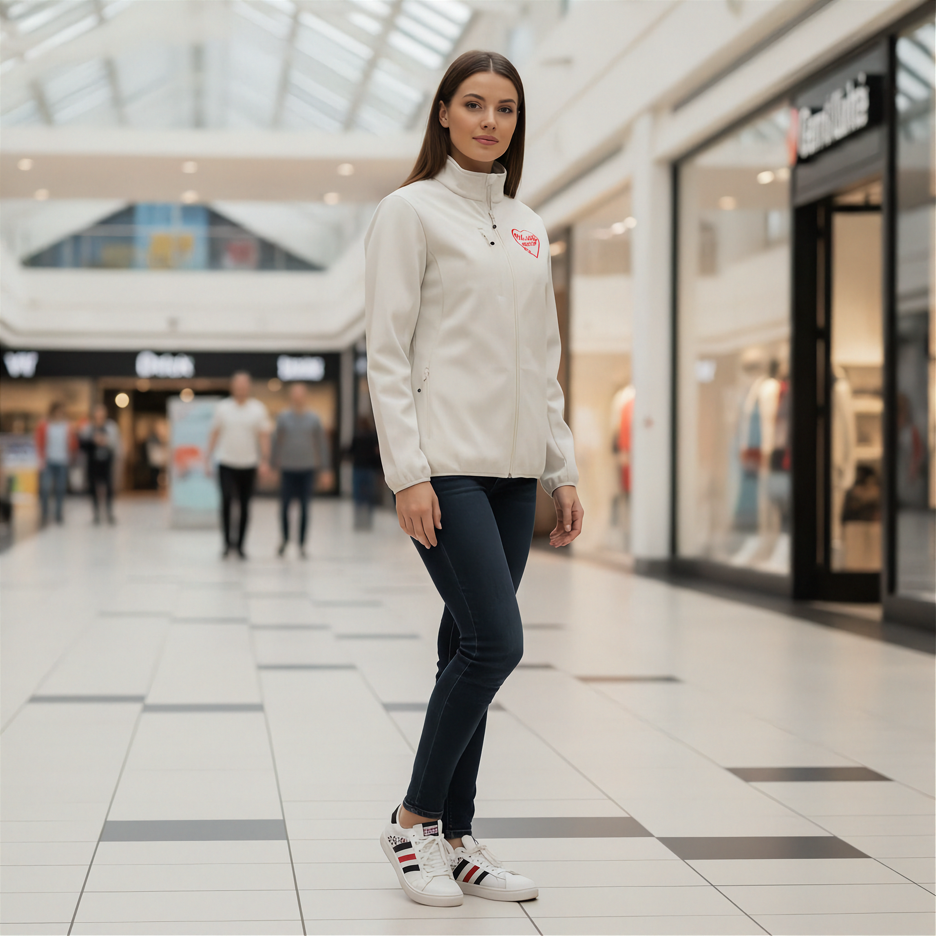 Woman in a white jacket with a red racing daughter heart design standing in a shopping mall.