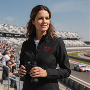 Woman in a racing jacket with a red racing daughter heart design holding binoculars at a race track